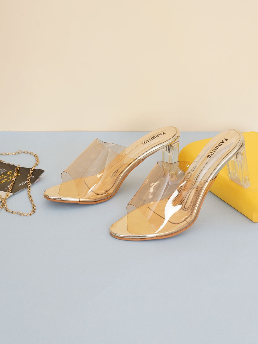 

FABBHUE Open Toe Slip On Block Heels, Gold