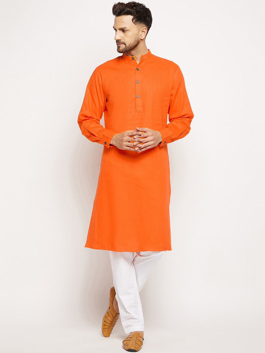 

CHILL WINSTON Band Collar Straight Pure Cotton Kurta, Orange