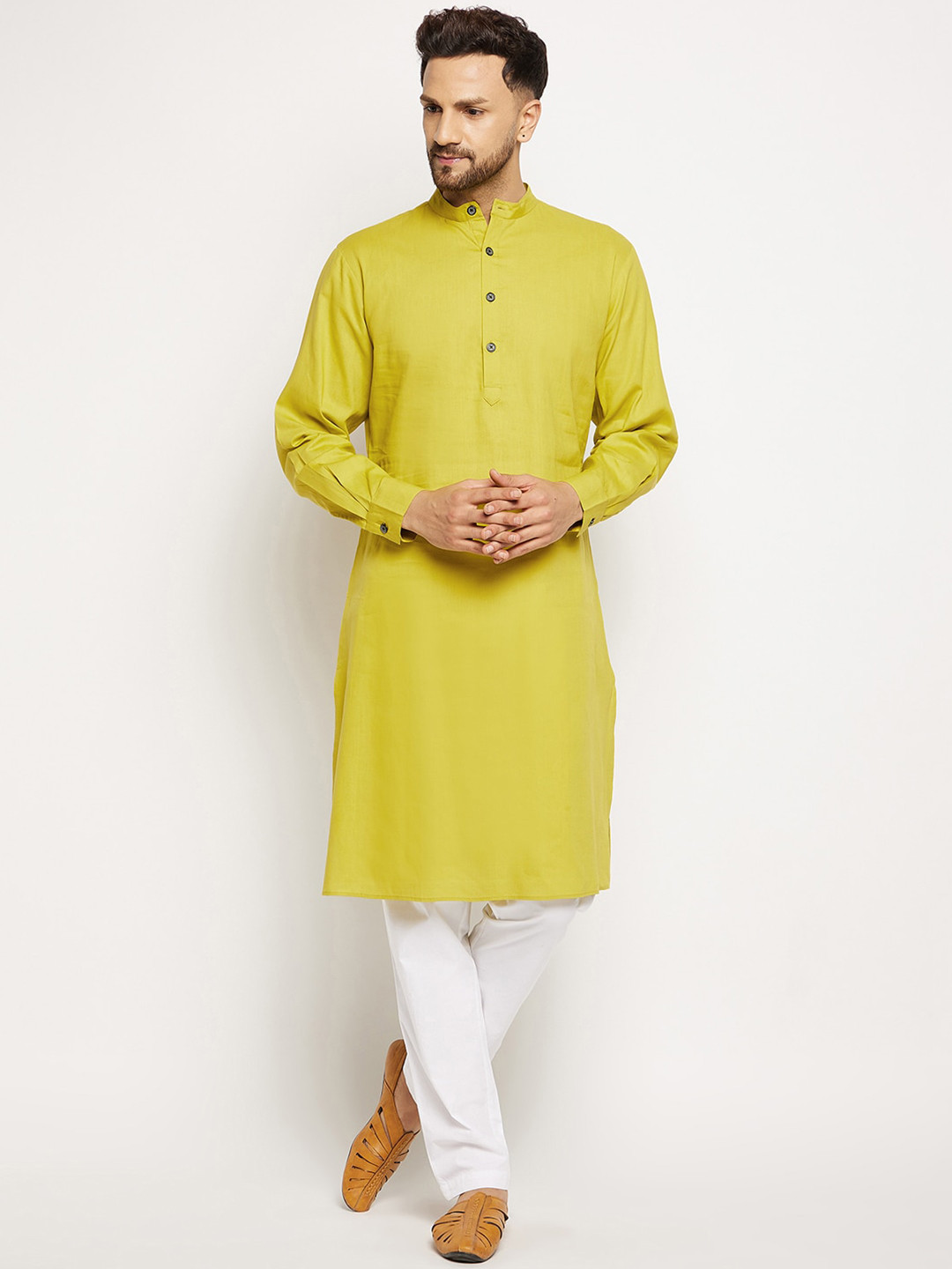 

CHILL WINSTON Band Collar Straight Pure Cotton Kurta, Lime green