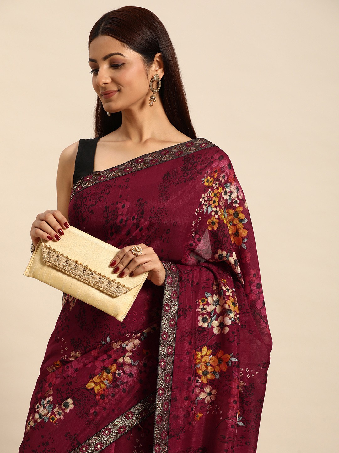 

HERE&NOW Floral Zari Pure Georgette Bandhani Saree, Red
