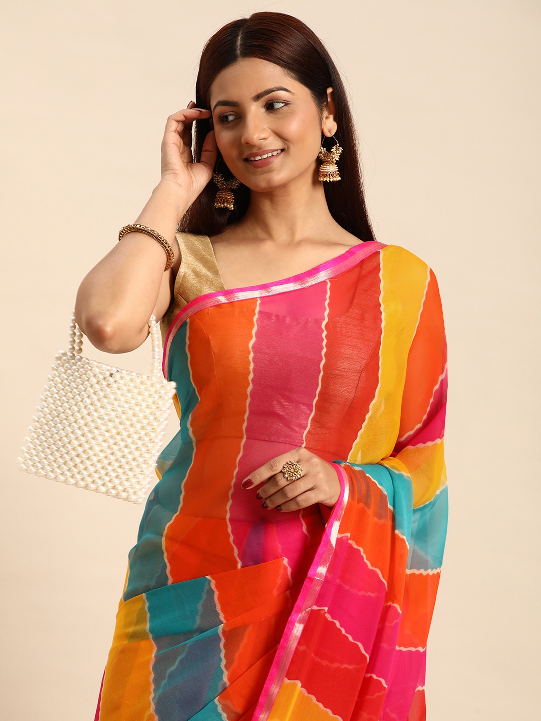 

HERE&NOW Striped Zari Pure Georgette Bandhani Saree, Multi