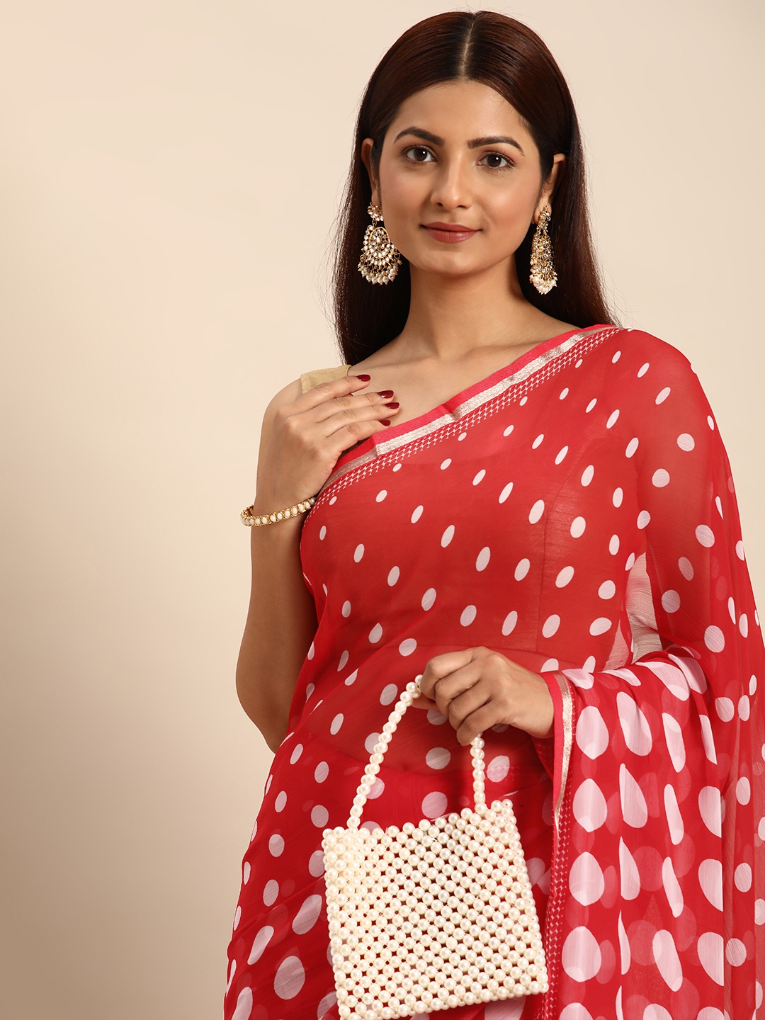

HERE&NOW Polka Dot Zari Pure Georgette Bandhani Saree, Red