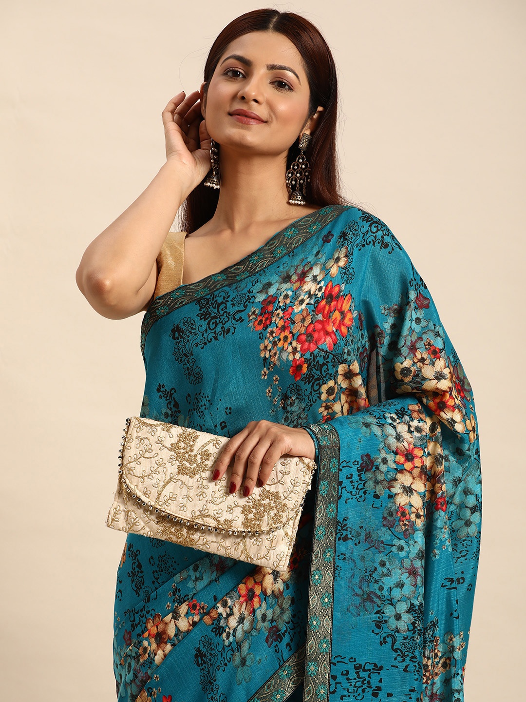 

HERE&NOW Floral Zari Pure Georgette Bandhani Saree, Turquoise blue