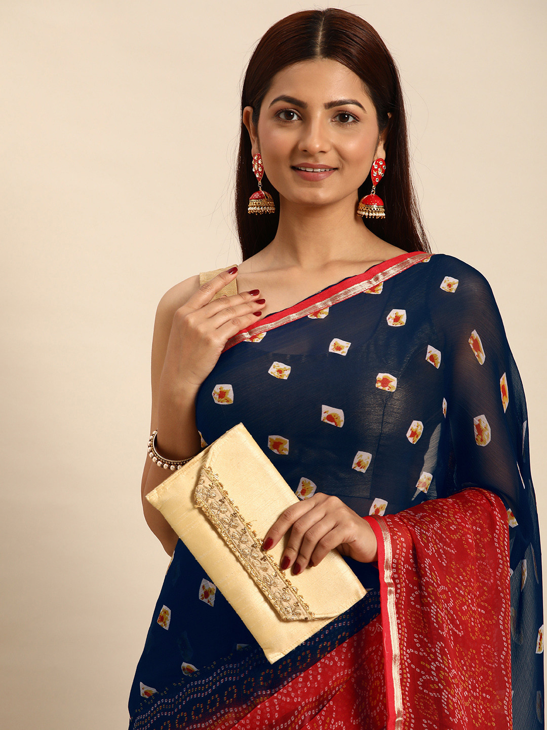 

HERE&NOW Zari Pure Georgette Bandhani Saree, Red