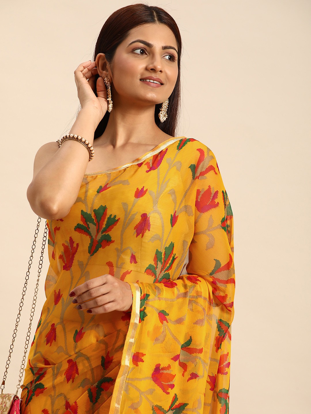 

HERE&NOW Floral Pure Georgette Bandhani Saree, Yellow