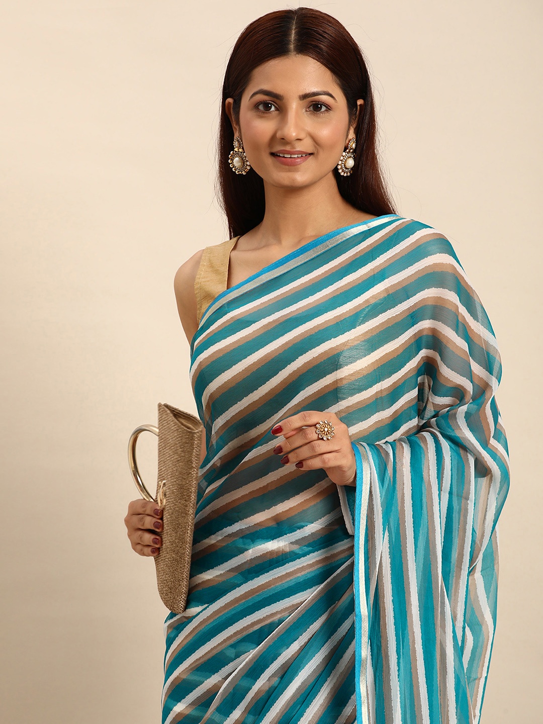 

HERE&NOW Striped Pure Georgette Bandhani Saree, Teal