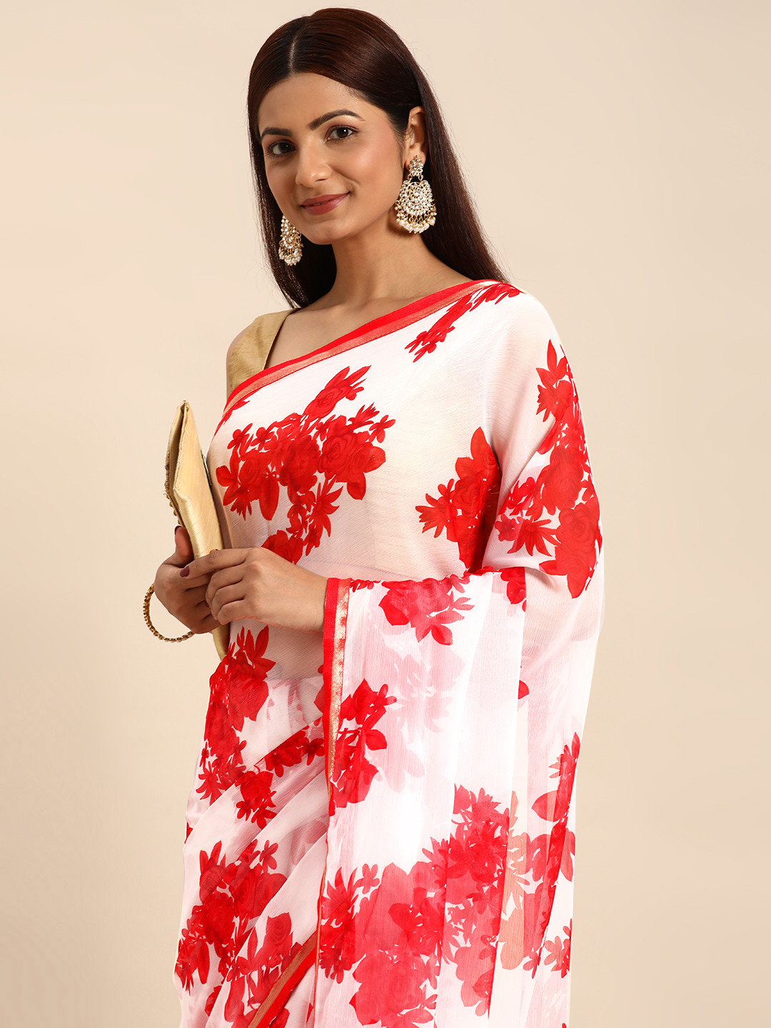 

HERE&NOW Floral Zari Pure Georgette Bandhani Saree, White