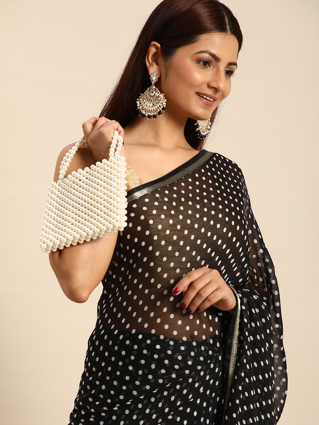 

HERE&NOW Polka Dot Zari Pure Georgette Bandhani Saree, Black