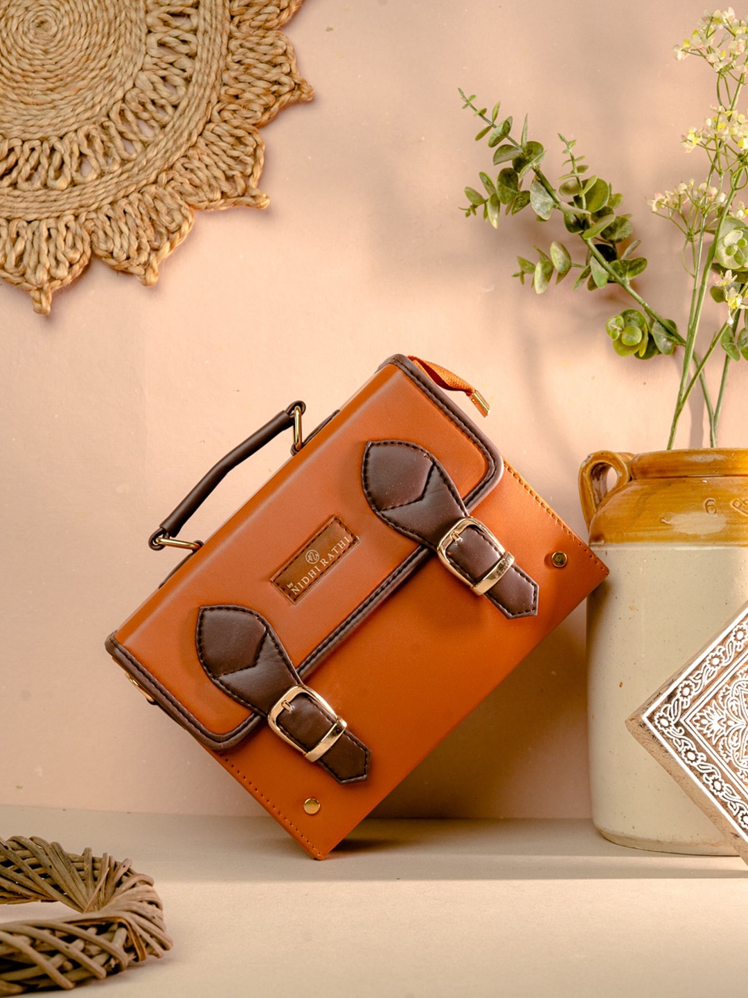 

NR By Nidhi Rathi Structured Handheld Bag with Buckle Detail, Tan