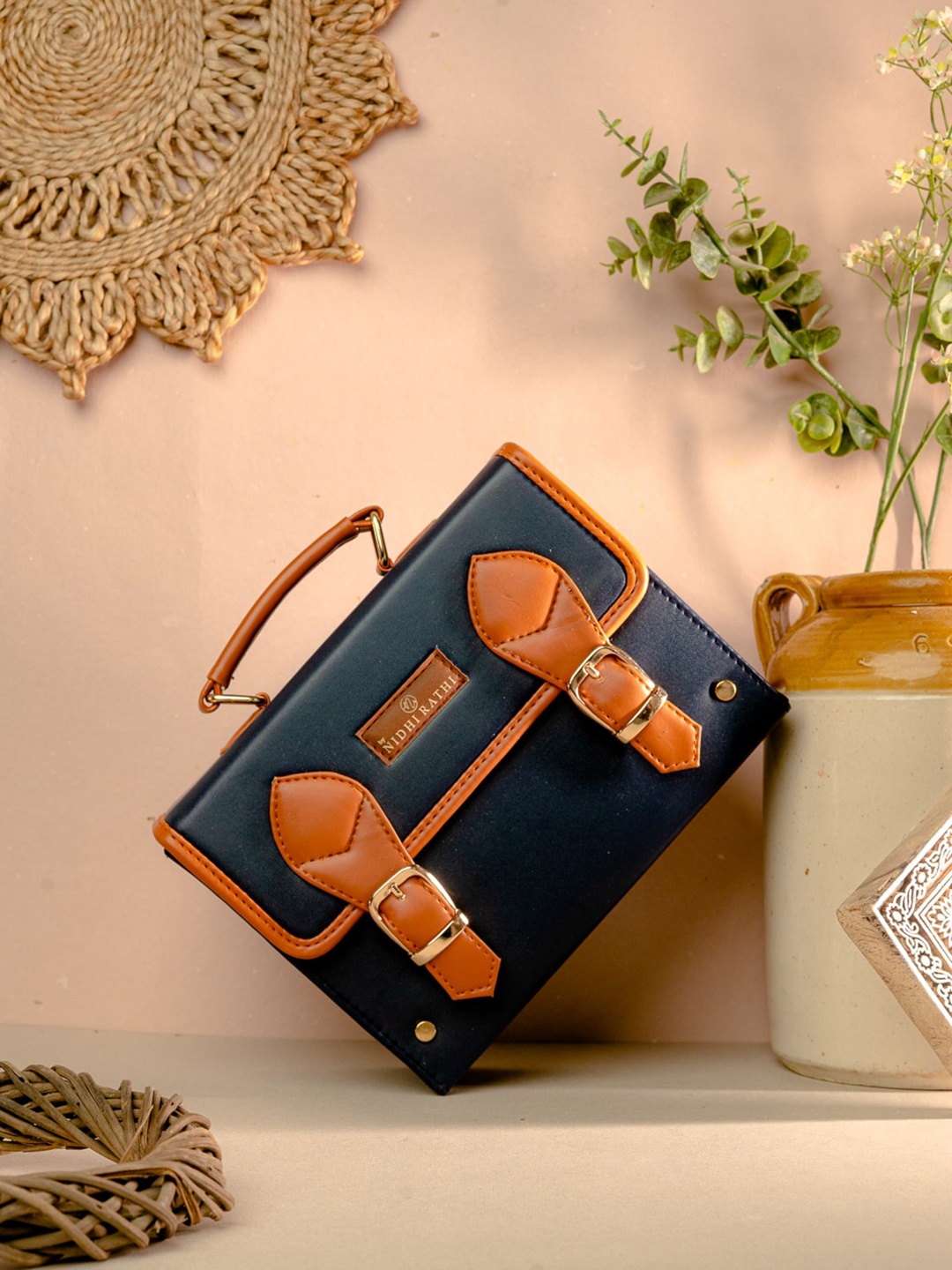 

NR By Nidhi Rathi PU Structured Handheld Bag with Applique, Navy blue