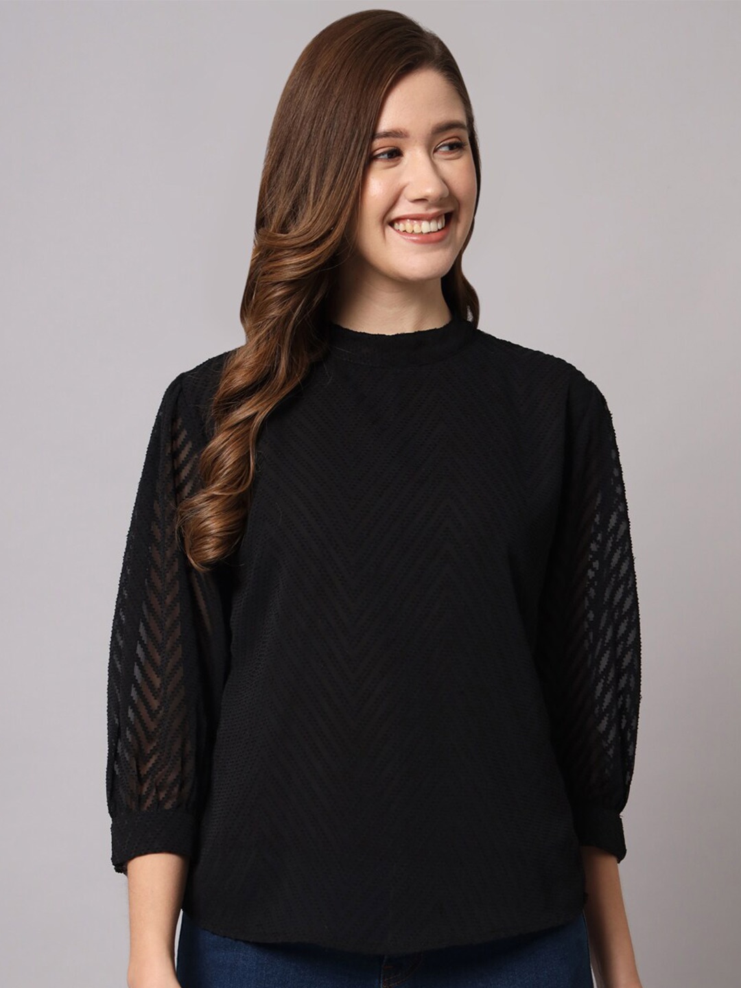 

Funday Fashion Self Design High Neck Cuffed Sleeves Top, Black