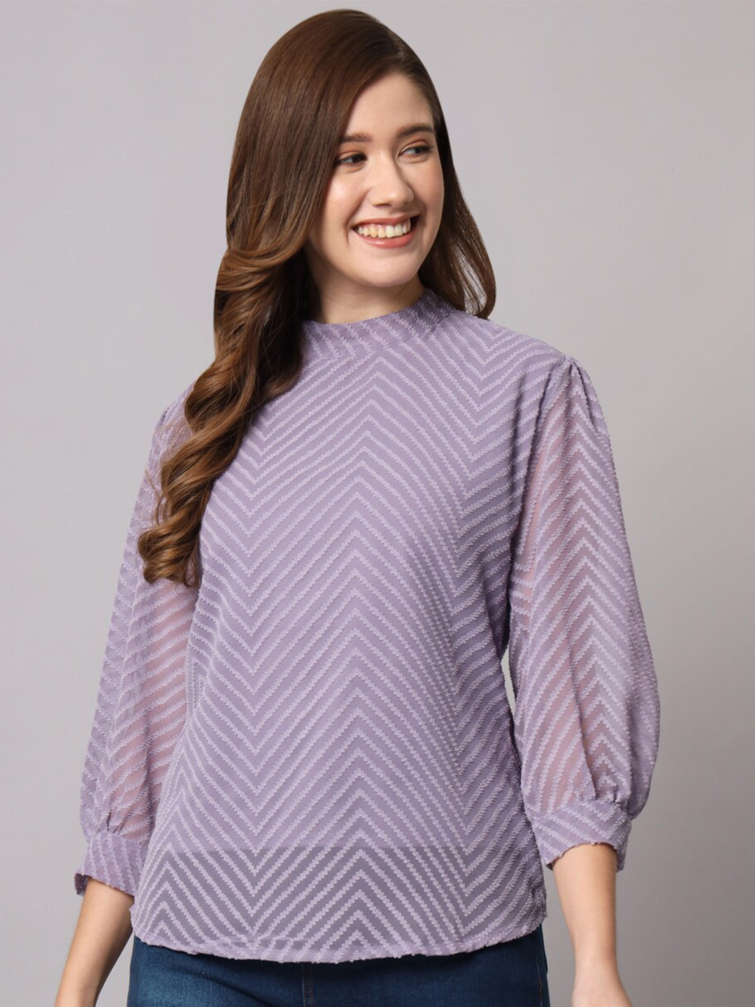 

Funday Fashion Self Design High Neck Cuffed Sleeves Top, Purple