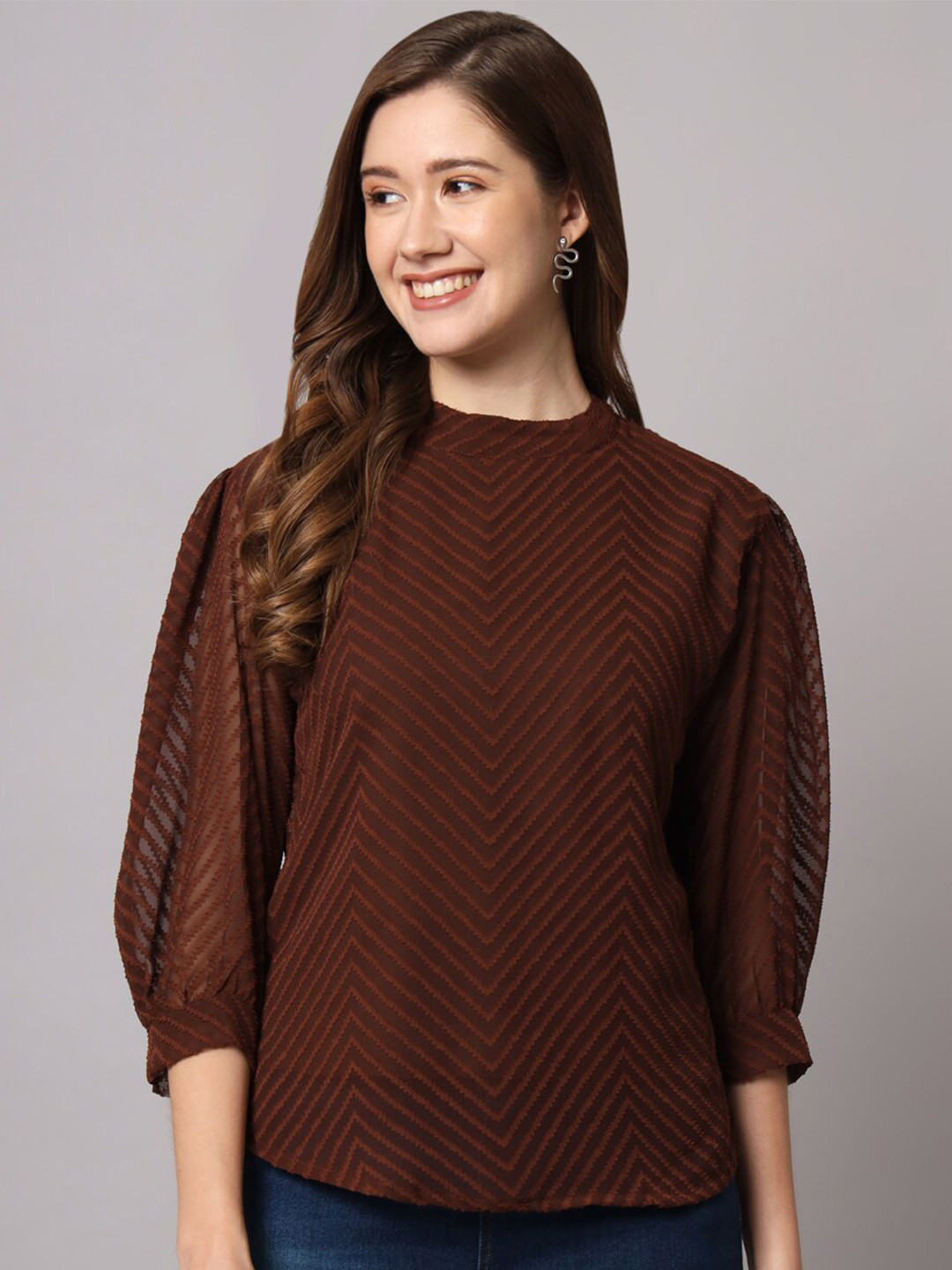 

Funday Fashion Self Design High Neck Cuffed Sleeves Top, Brown