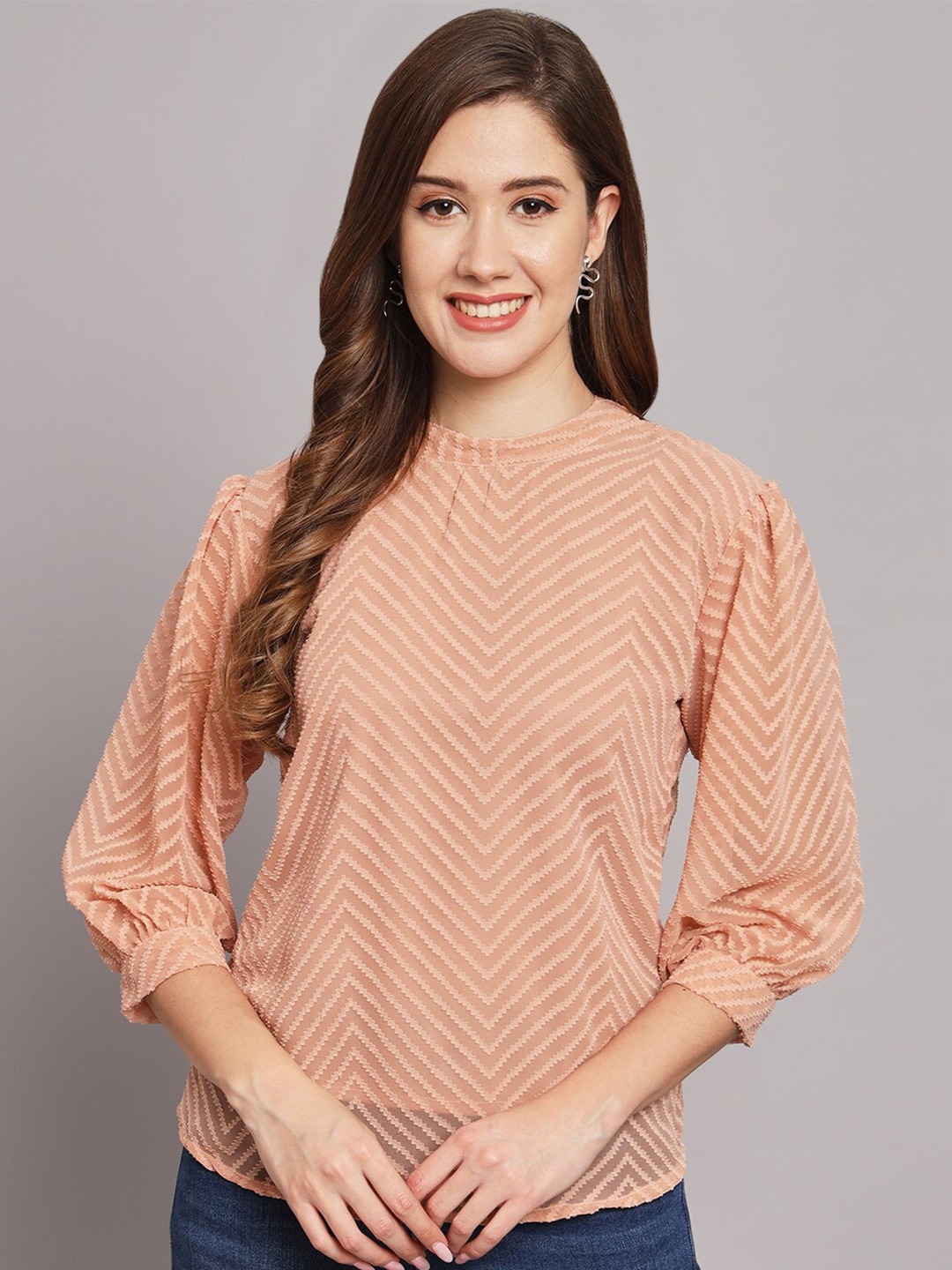 

Funday Fashion Self Designed High Neck Cuffed Sleeves Regular Top, Peach