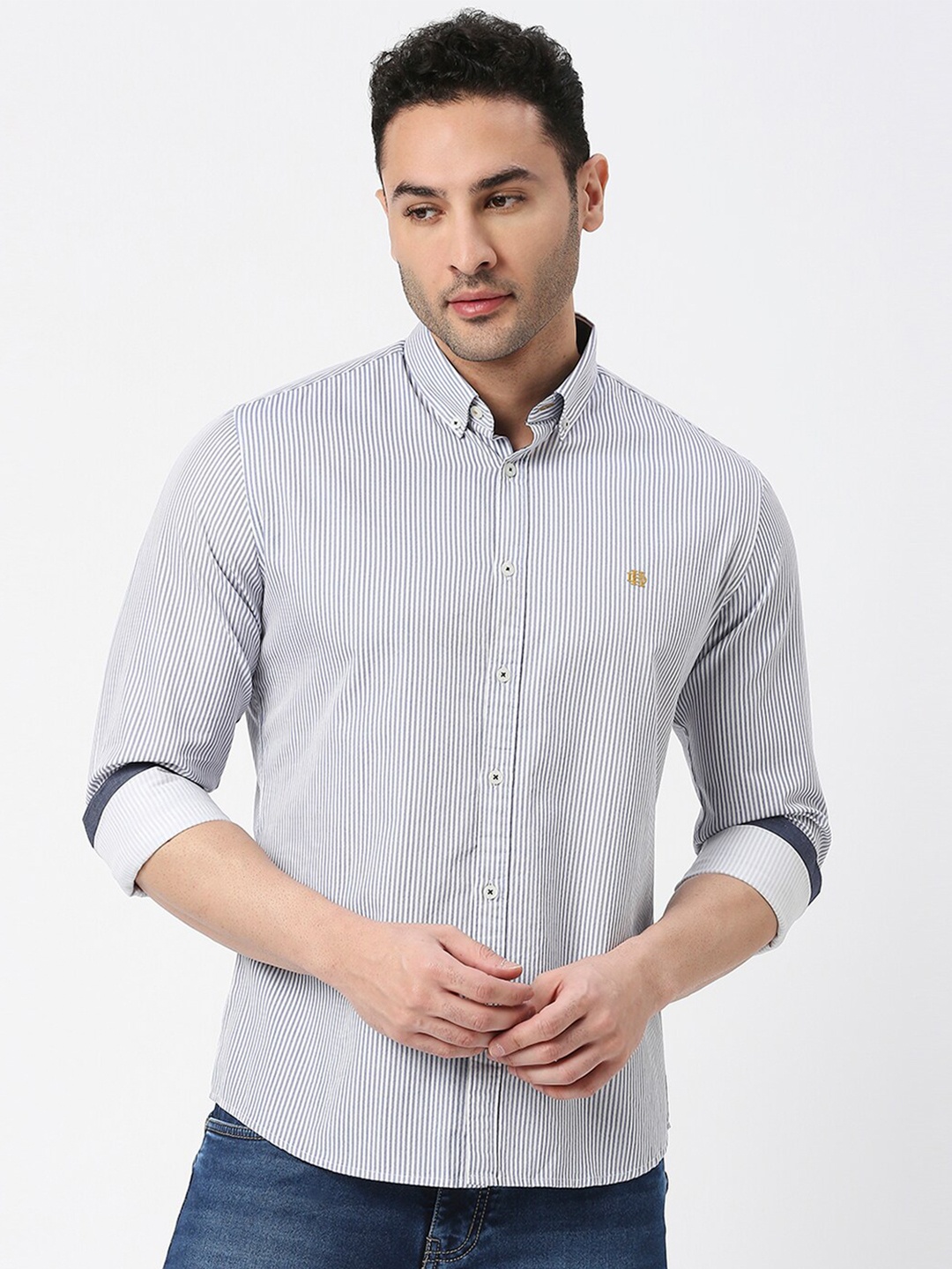 

DRAGON HILL Slim Fit Pinstripes Striped Cotton Casual Shirt, Grey