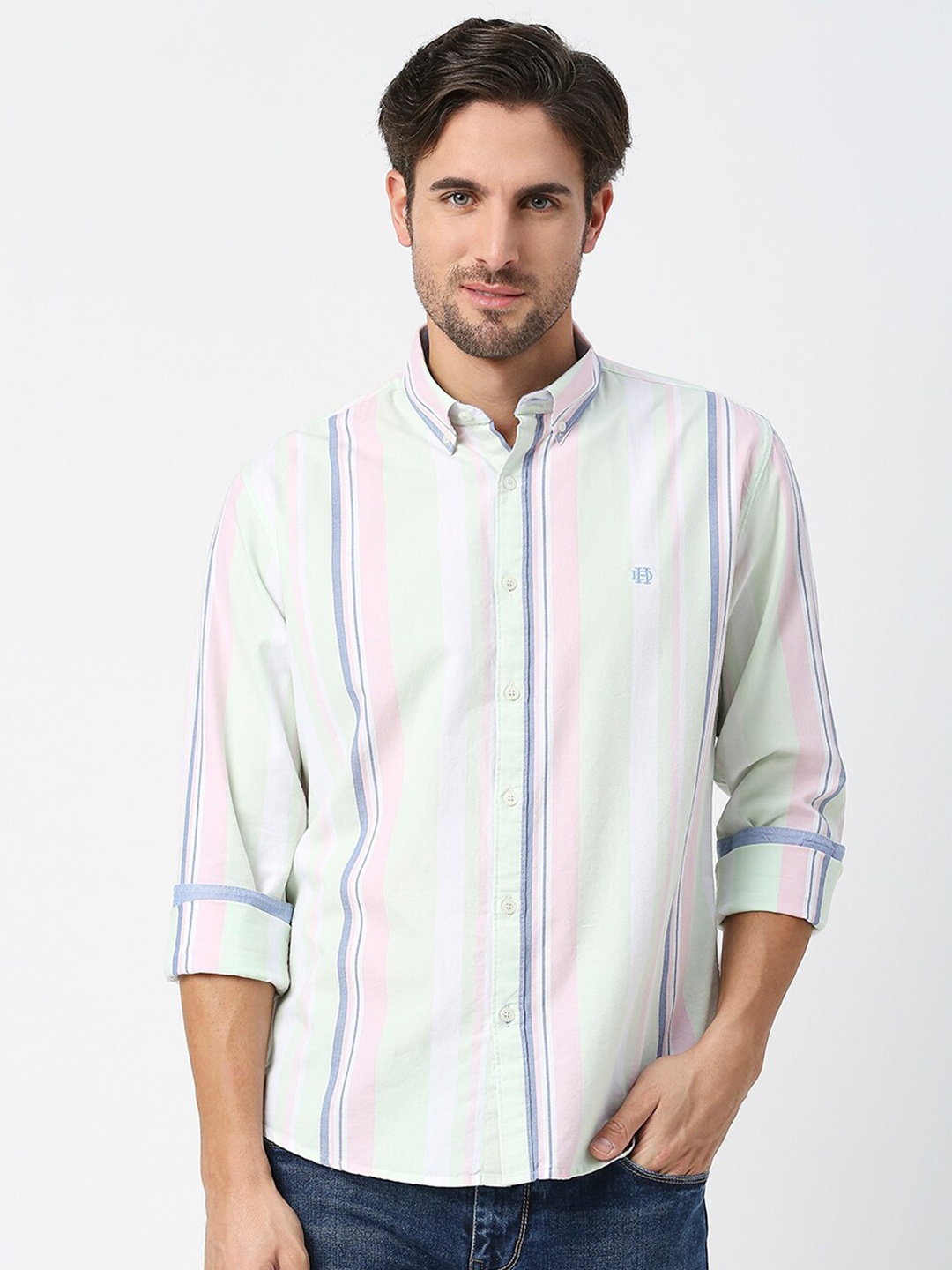 

DRAGON HILL Slim Fit Striped Button Down Collar Cotton Casual Shirt, White