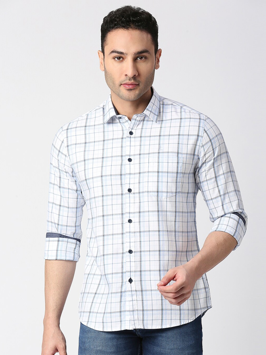 

DRAGON HILL Slim Fit Checked Cotton Casual Shirt, White