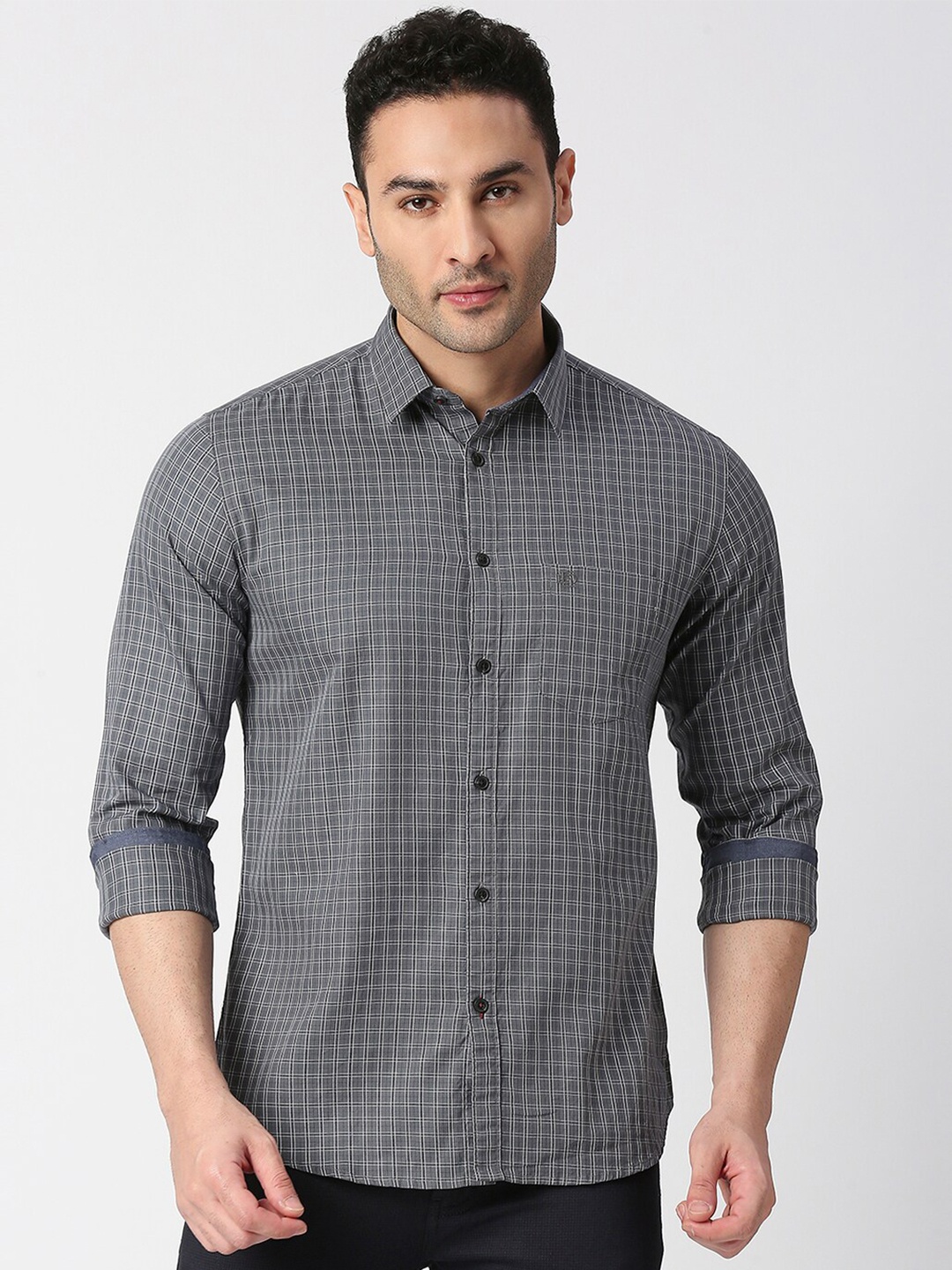 

DRAGON HILL Slim Fit Micro Checks Cotton Casual Shirt, Grey