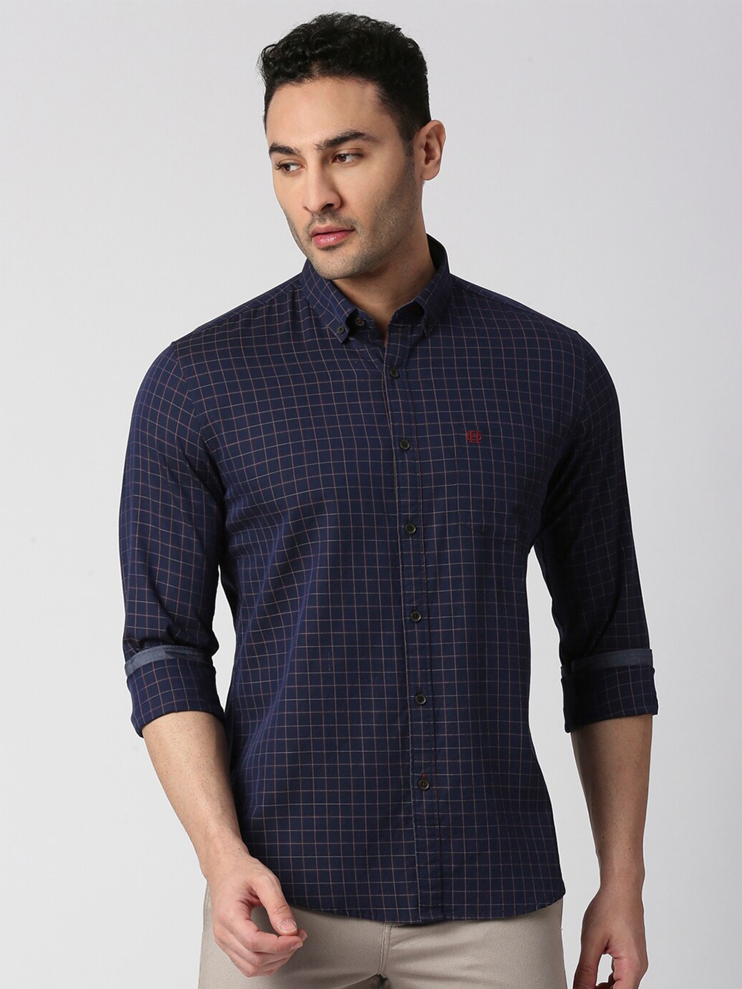 

DRAGON HILL Men Navy Blue Slim Fit Grid Tattersall Checks Opaque Checked Casual Shirt