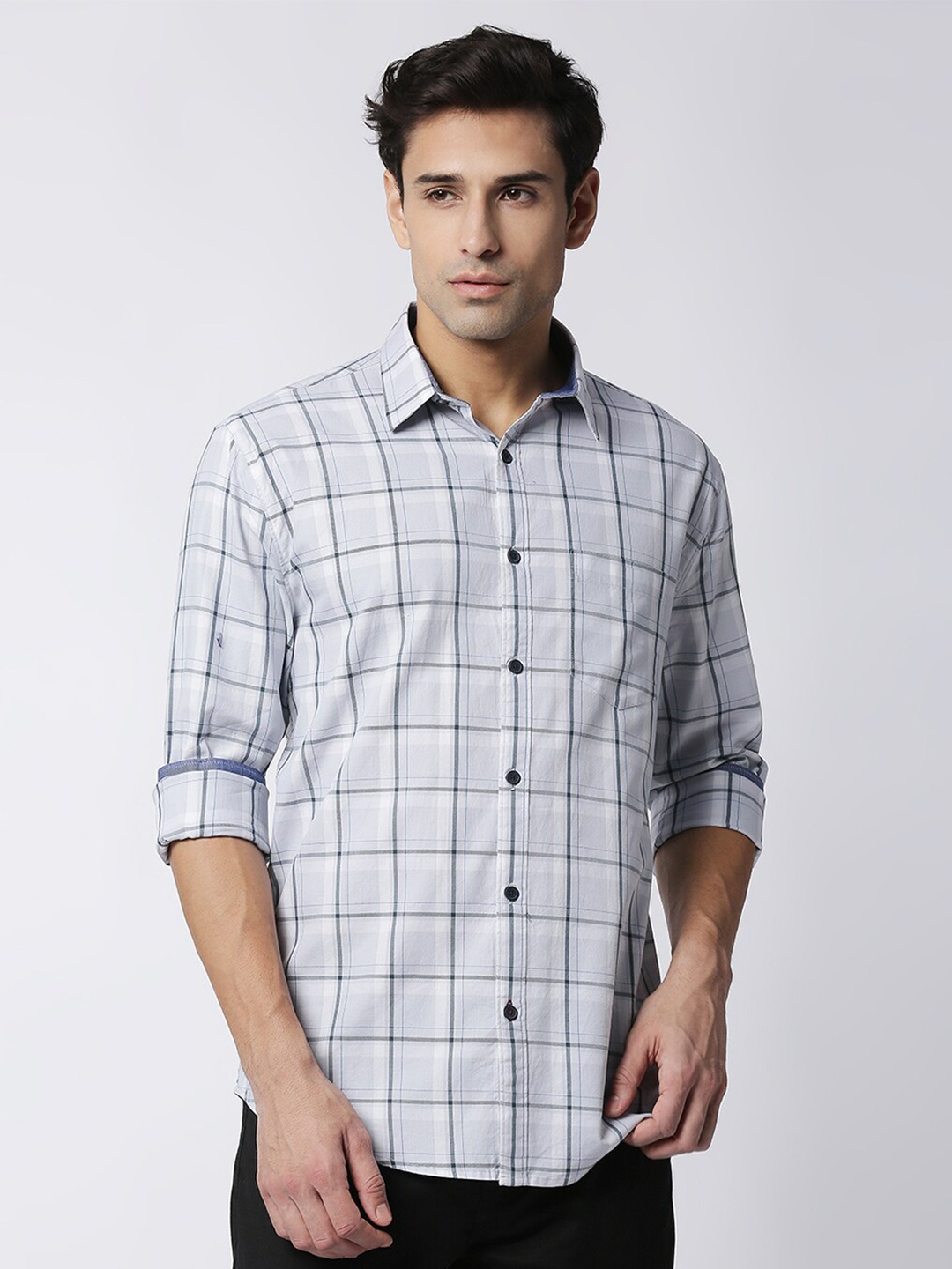 

DRAGON HILL Checked Slim Fit Cotton Casual Shirt, Grey