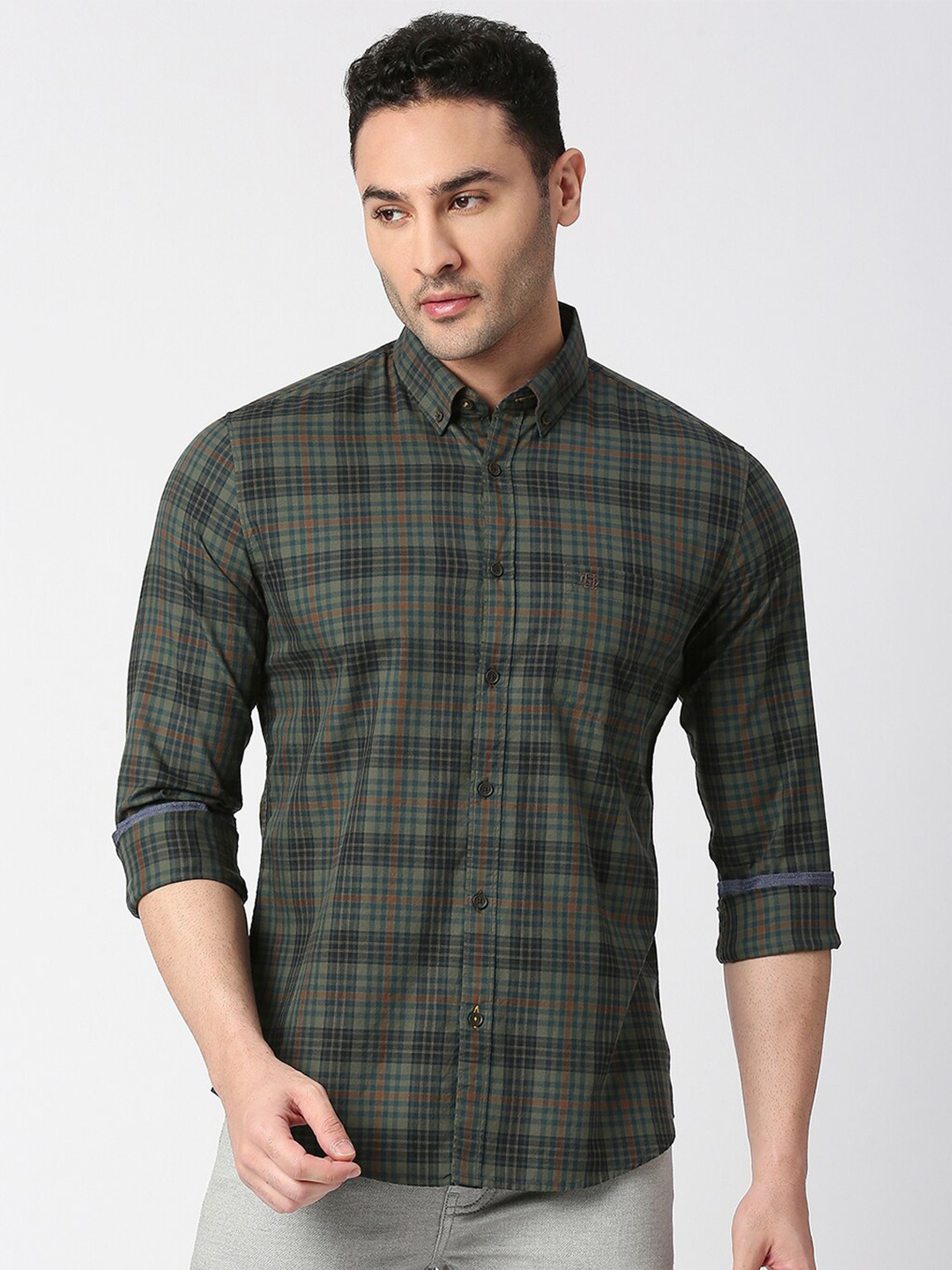 

DRAGON HILL Slim Fit Tartan Checked Twill Casual Cotton Shirt, Olive