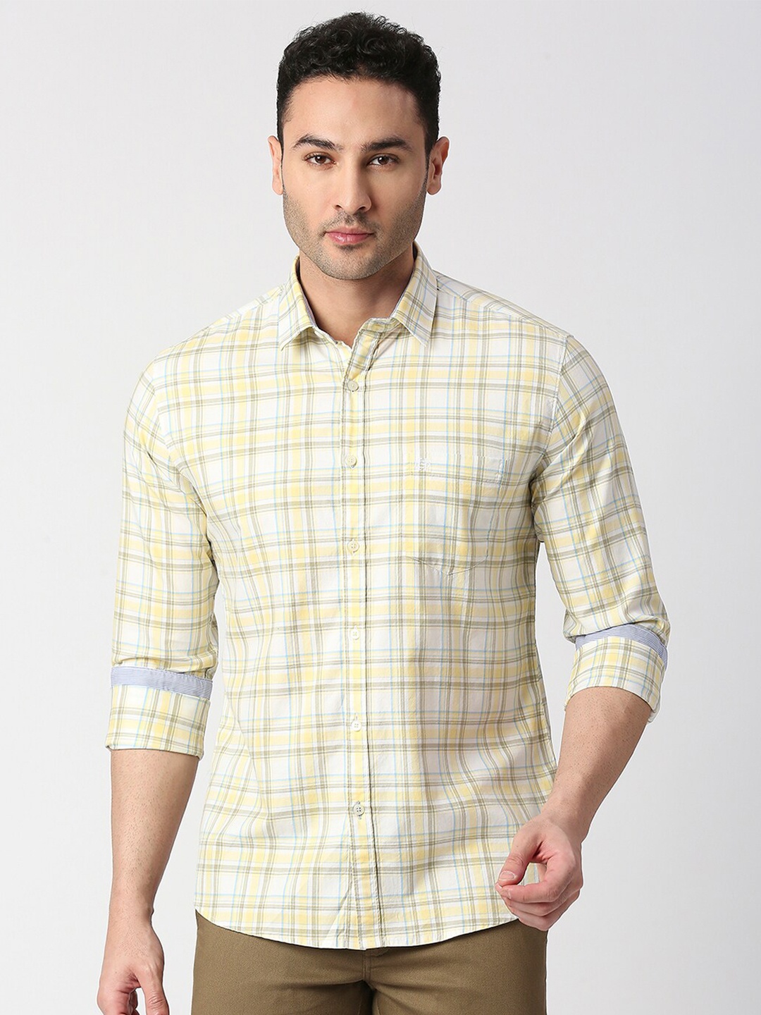 

DRAGON HILL Tartan Checked Slim Fit Cotton Casual Shirt, Yellow