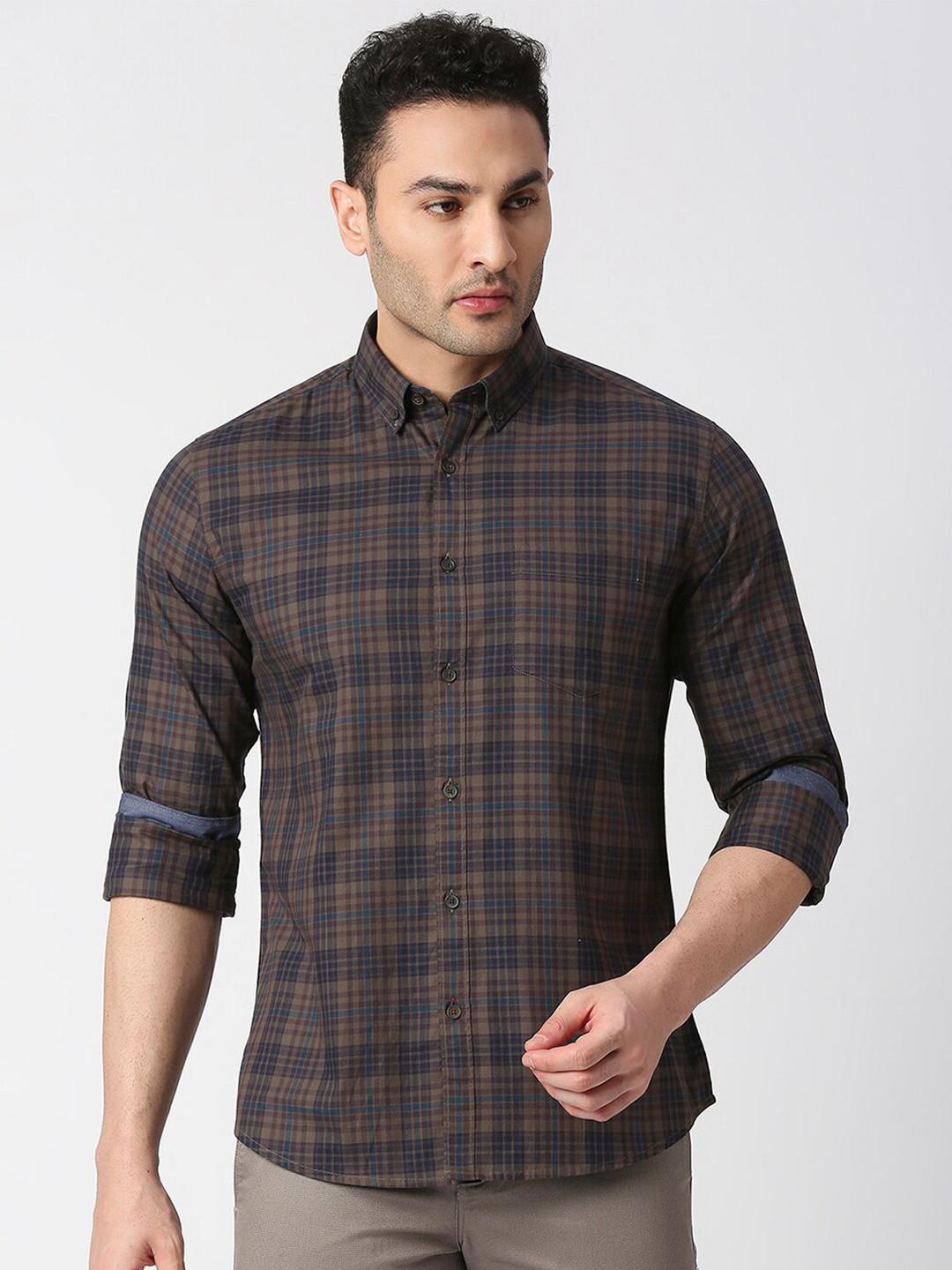 

DRAGON HILL Slim Fit Tartan Checked Button-Down Collar Twill Cotton Casual Shirt, Brown