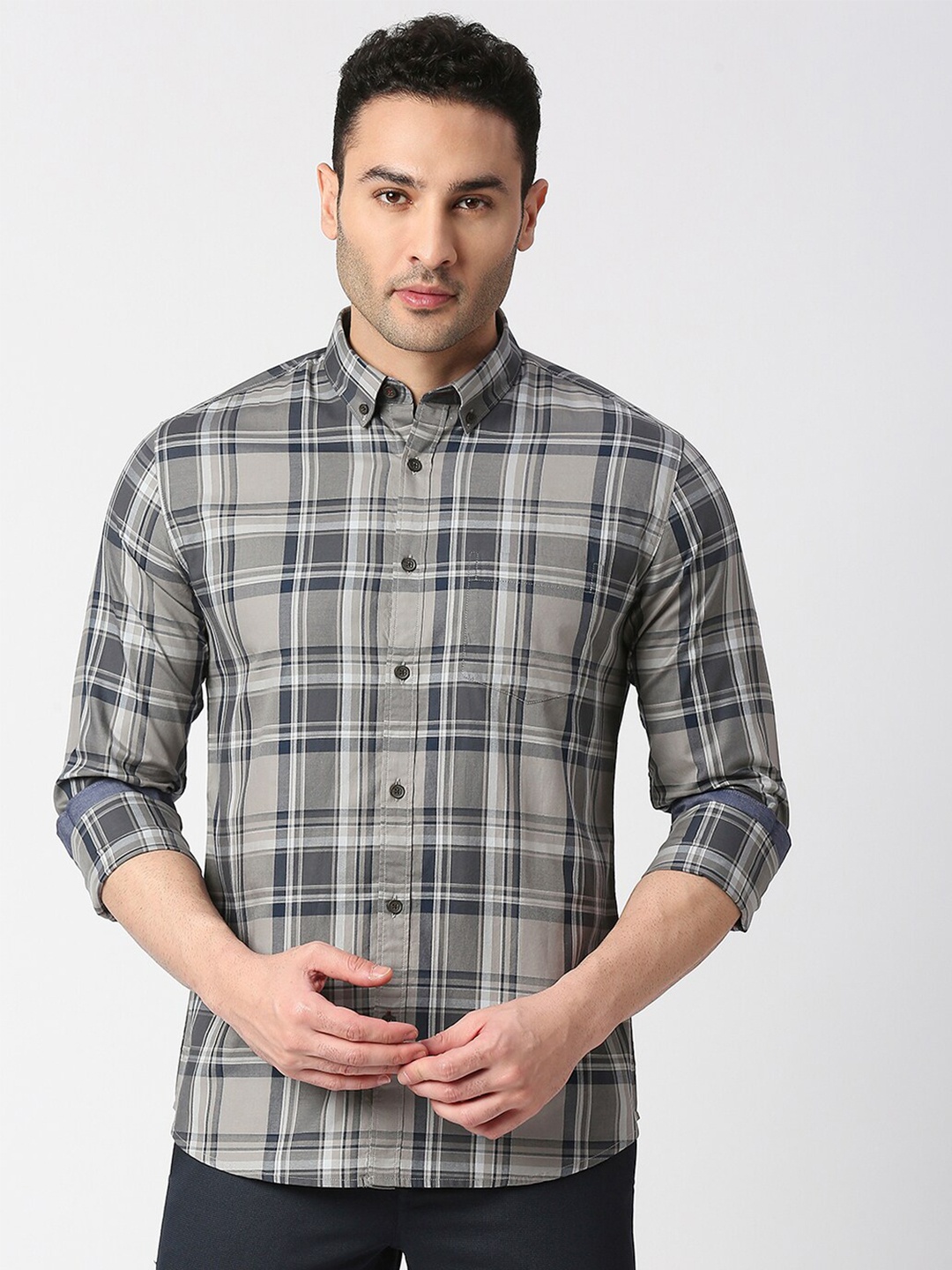 

DRAGON HILL Slim Fit Tartan Checks Cotton Casual Shirt, Grey