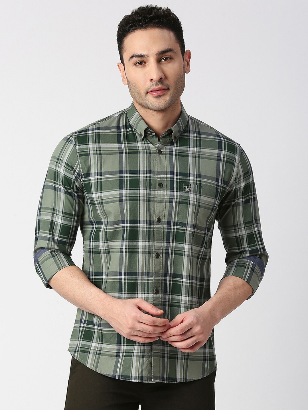 

DRAGON HILL Slim Fit Tartan Checked Twill Casual Cotton Shirt, Green