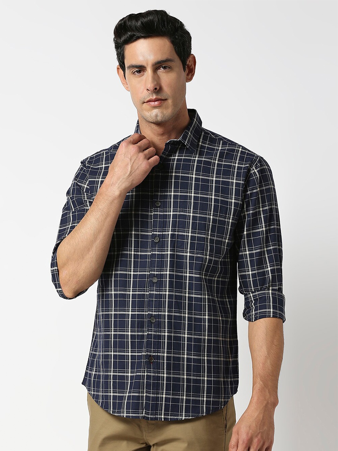 

DRAGON HILL Slim Fit Checked Cotton Casual Shirt, Navy blue