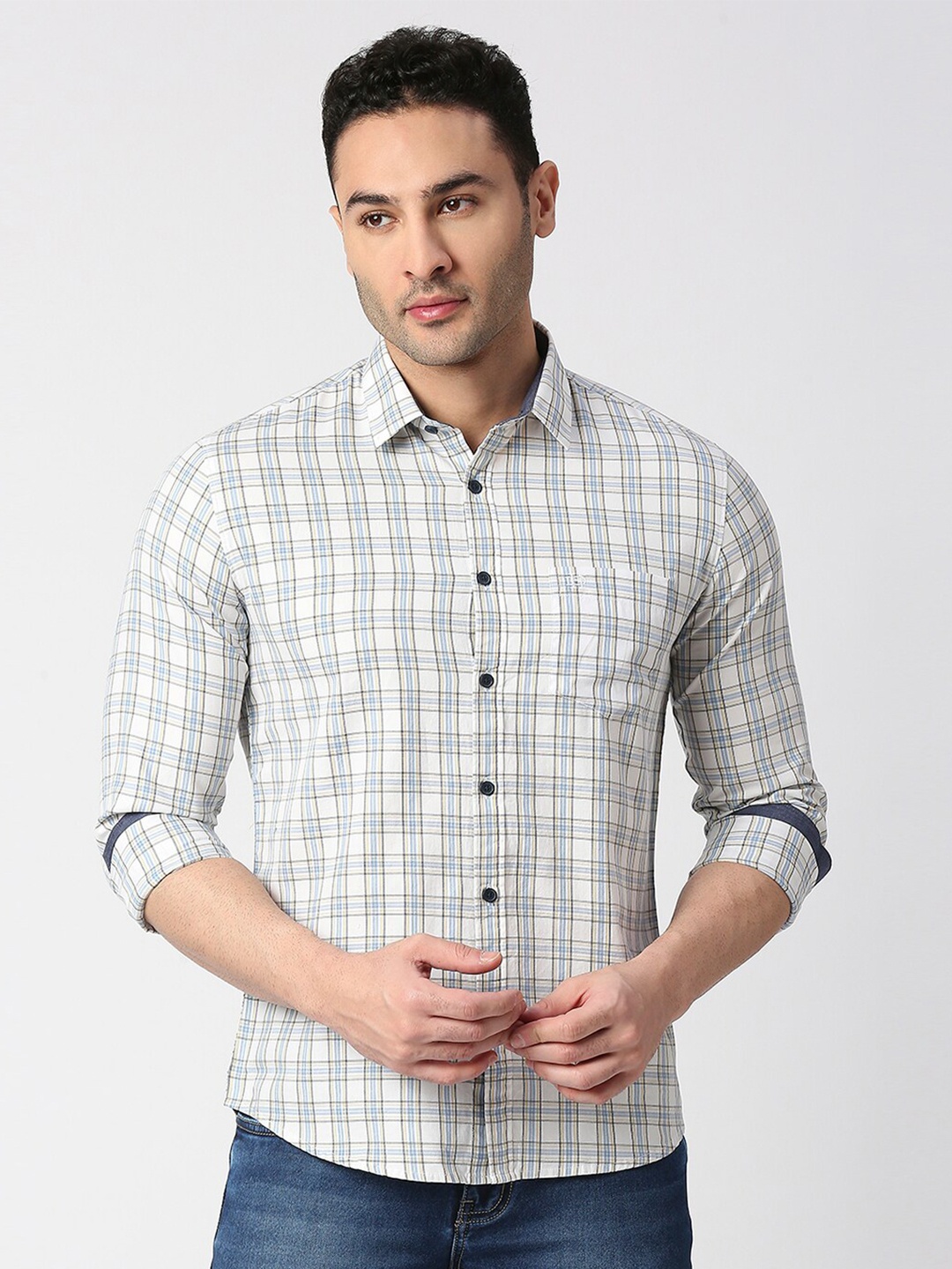 

DRAGON HILL Slim Fit Checked Cotton Shirt, White