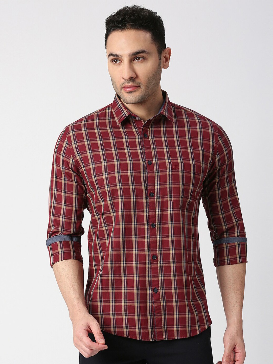 

DRAGON HILL Slim Fit Tartan Checked Twill Cotton Casual Shirt, Maroon
