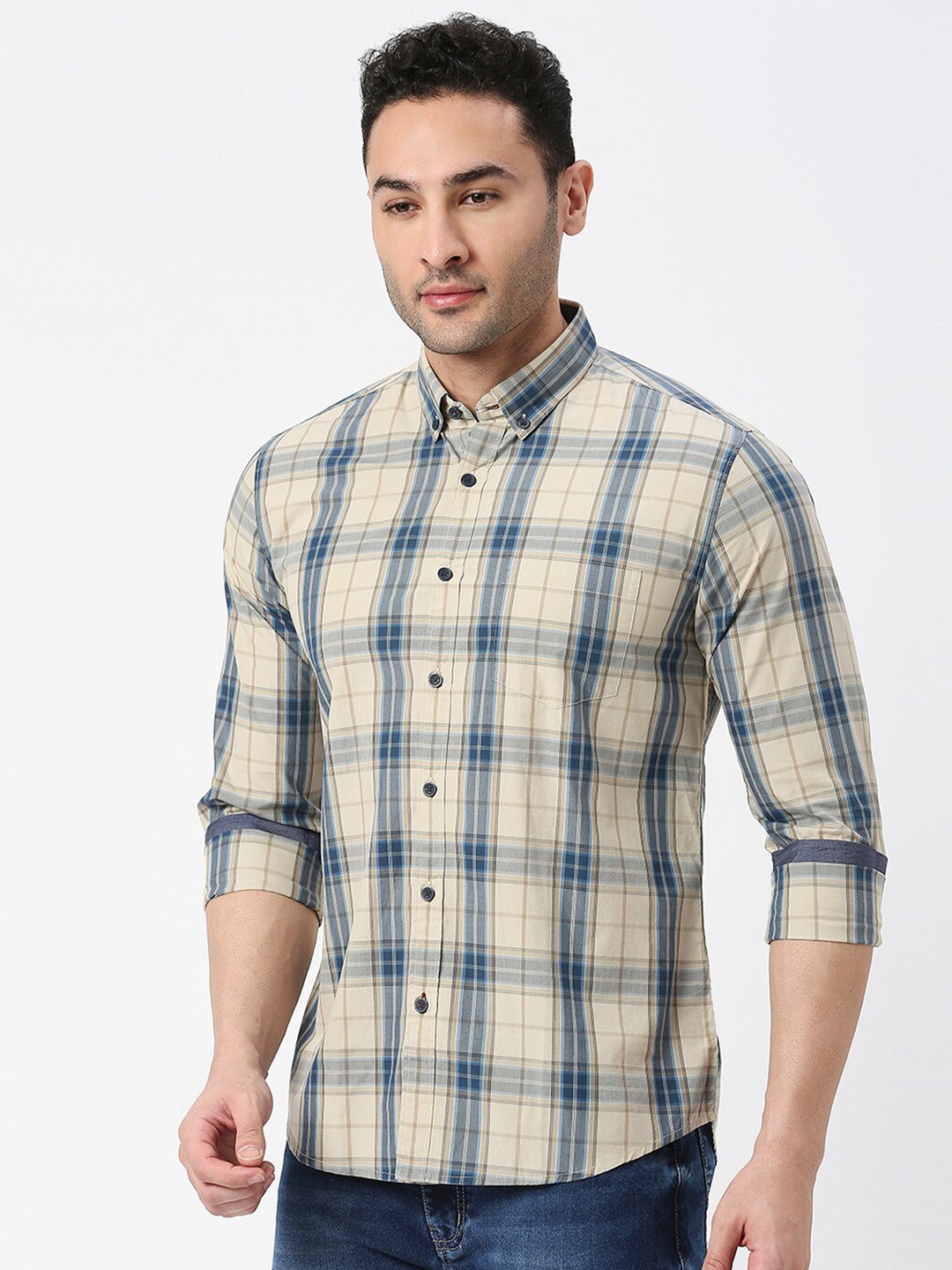 

DRAGON HILL Tartan Checked Slim Fit Cotton Casual Shirt, Beige