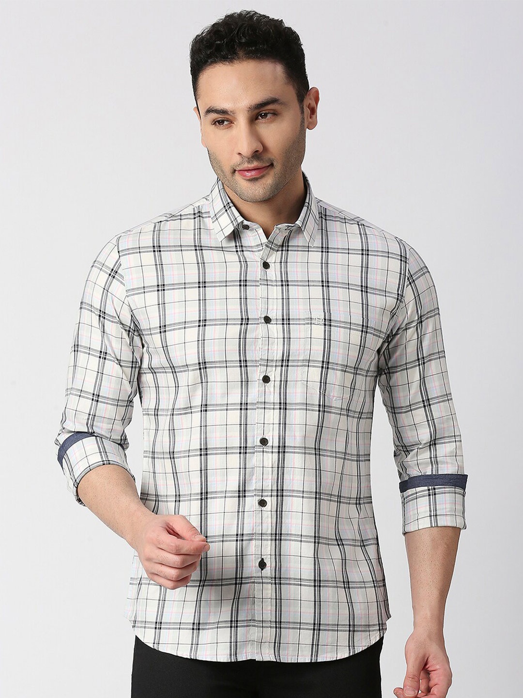 

DRAGON HILL Slim Fit Tartan Checks Cotton Casual Shirt, Off white