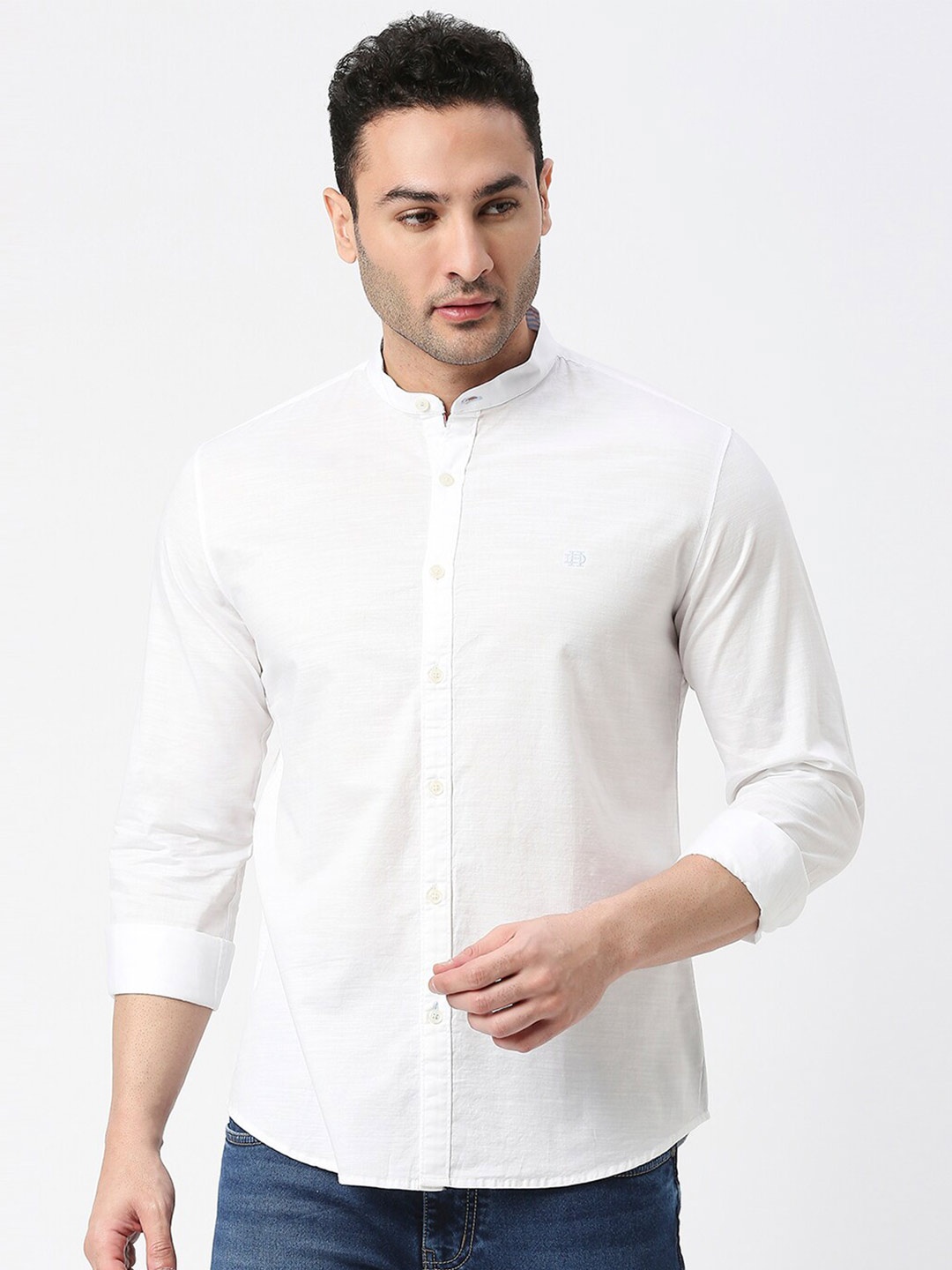 

DRAGON HILL Slim Fit Mandarin Collar Cotton Shirt, White