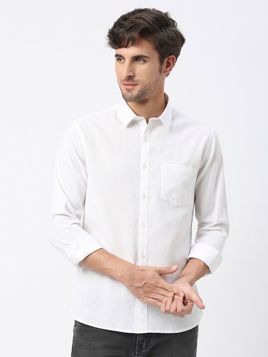 

DRAGON HILL Slim Fit Spread Collar Cotton Linen Shirt, White