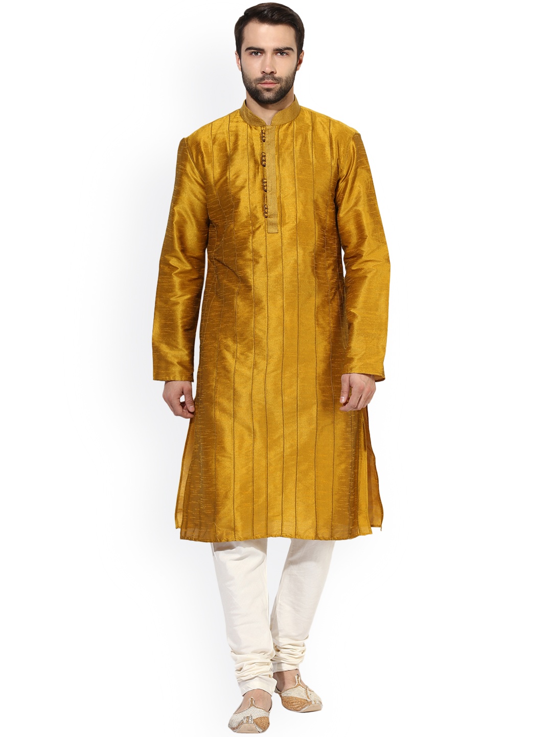 

KISAH Men Mustard & Cream-Coloured Self Design Kurta with Pyjamas