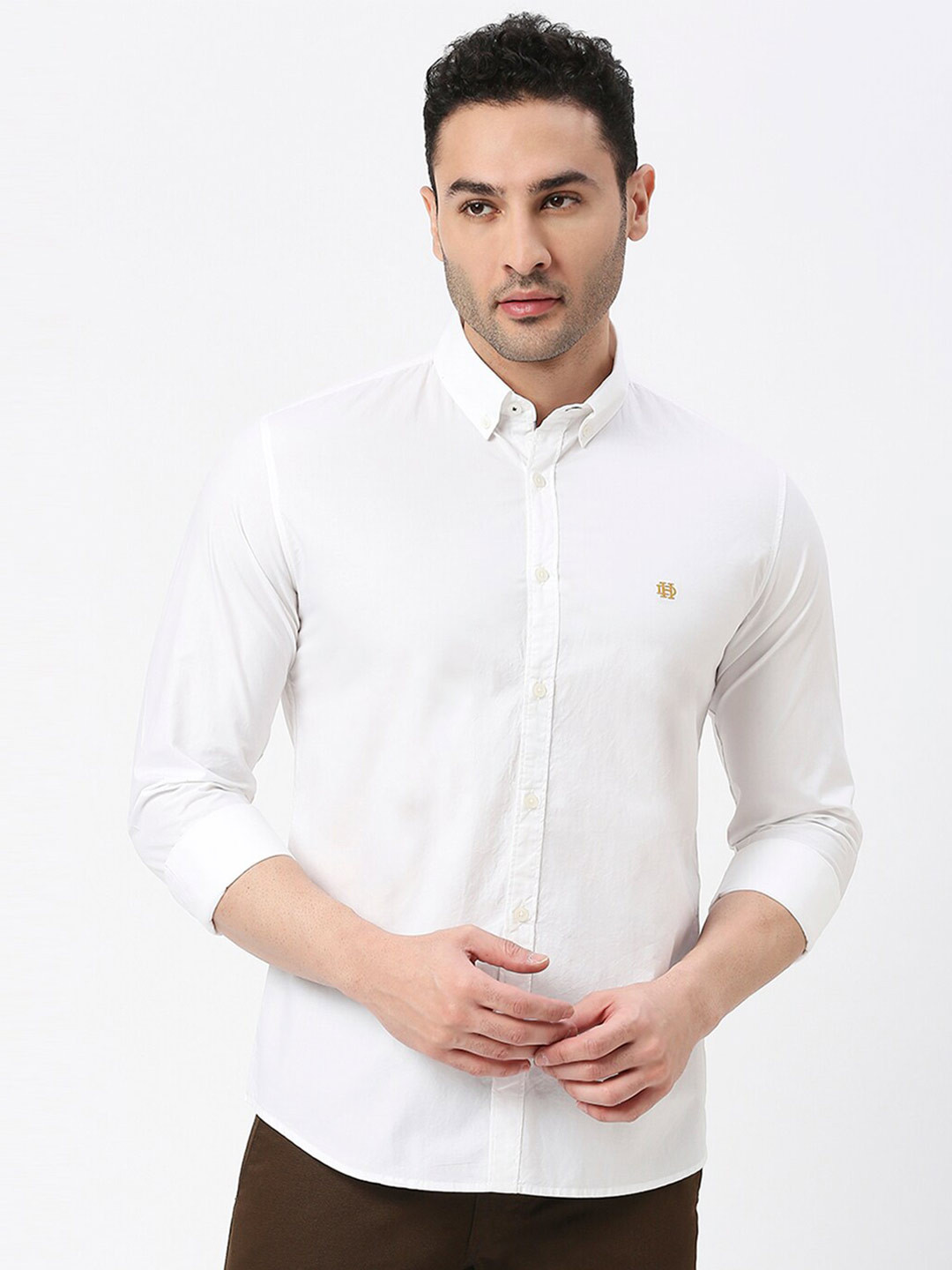 

DRAGON HILL Button Down Collar Slim Fit Opaque Cotton Casual Shirt, White