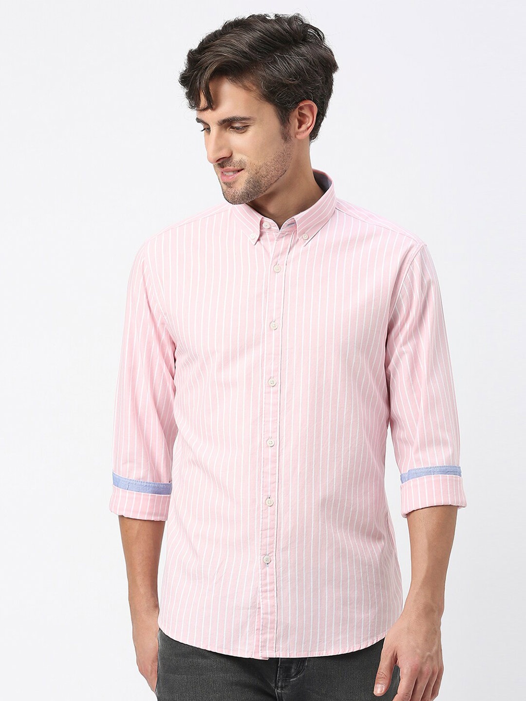 

DRAGON HILL Button-Down Collar Slim Fit Striped Opaque Striped Casual Cotton Shirt, Pink