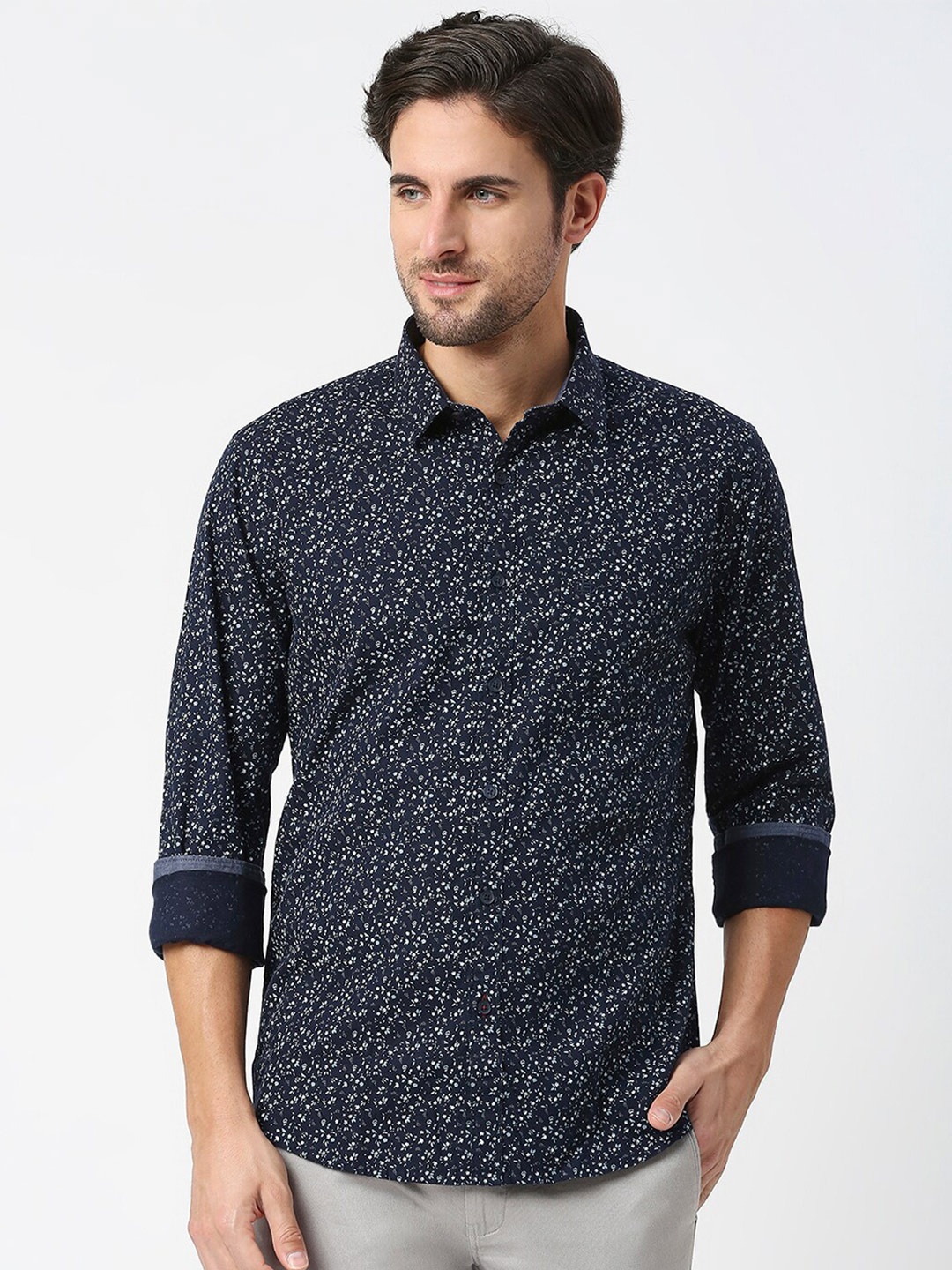 

DRAGON HILL Slim Fit Floral Printed Casual Shirt, Navy blue