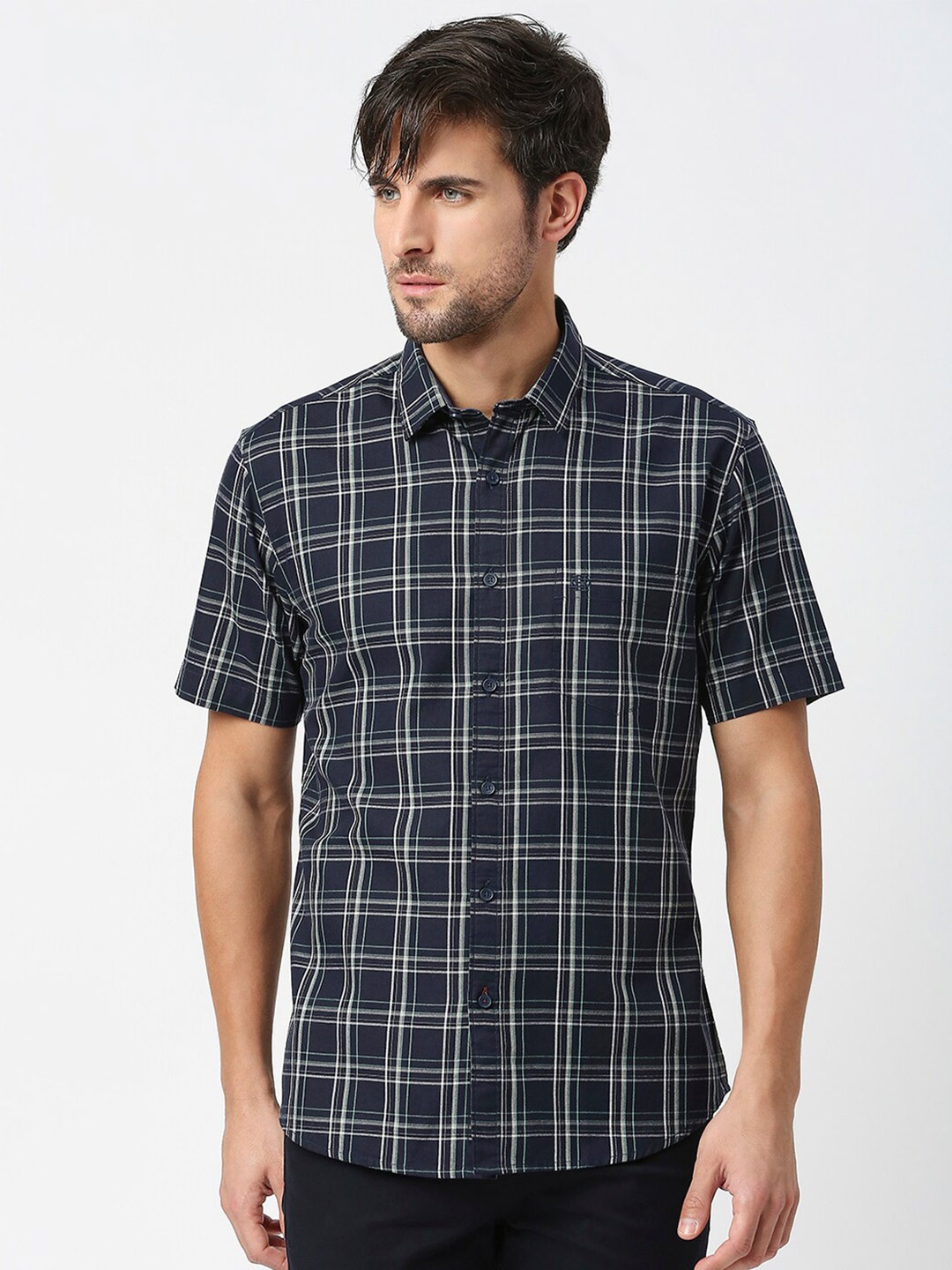 

DRAGON HILL Slim Fit Tartan Checks Opaque Checked Casual Shirt, Navy blue