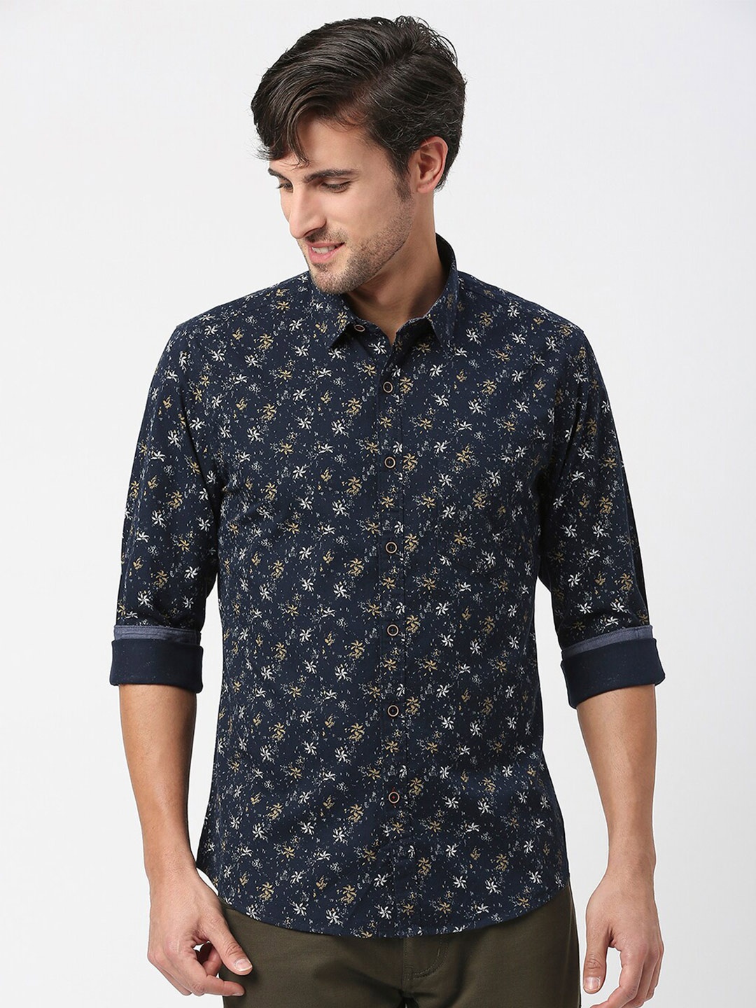 

DRAGON HILL Slim Fit Floral Printed Cotton Casual Shirt, Navy blue