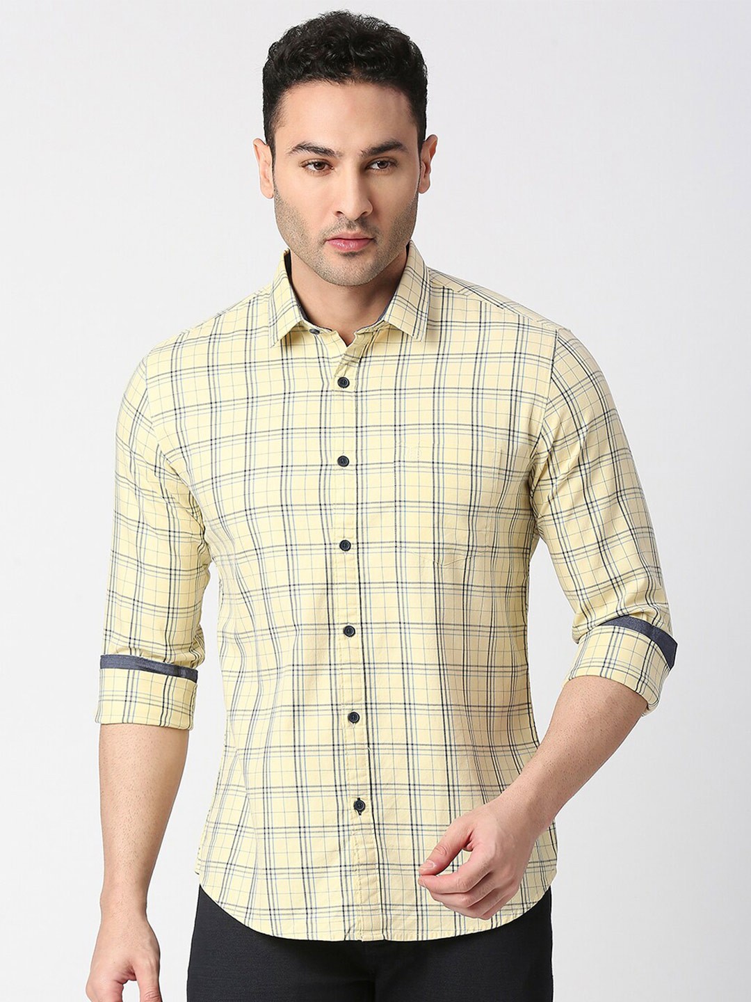 

DRAGON HILL Slim Fit Windowpane Checked Cotton Casual Shirt, Yellow