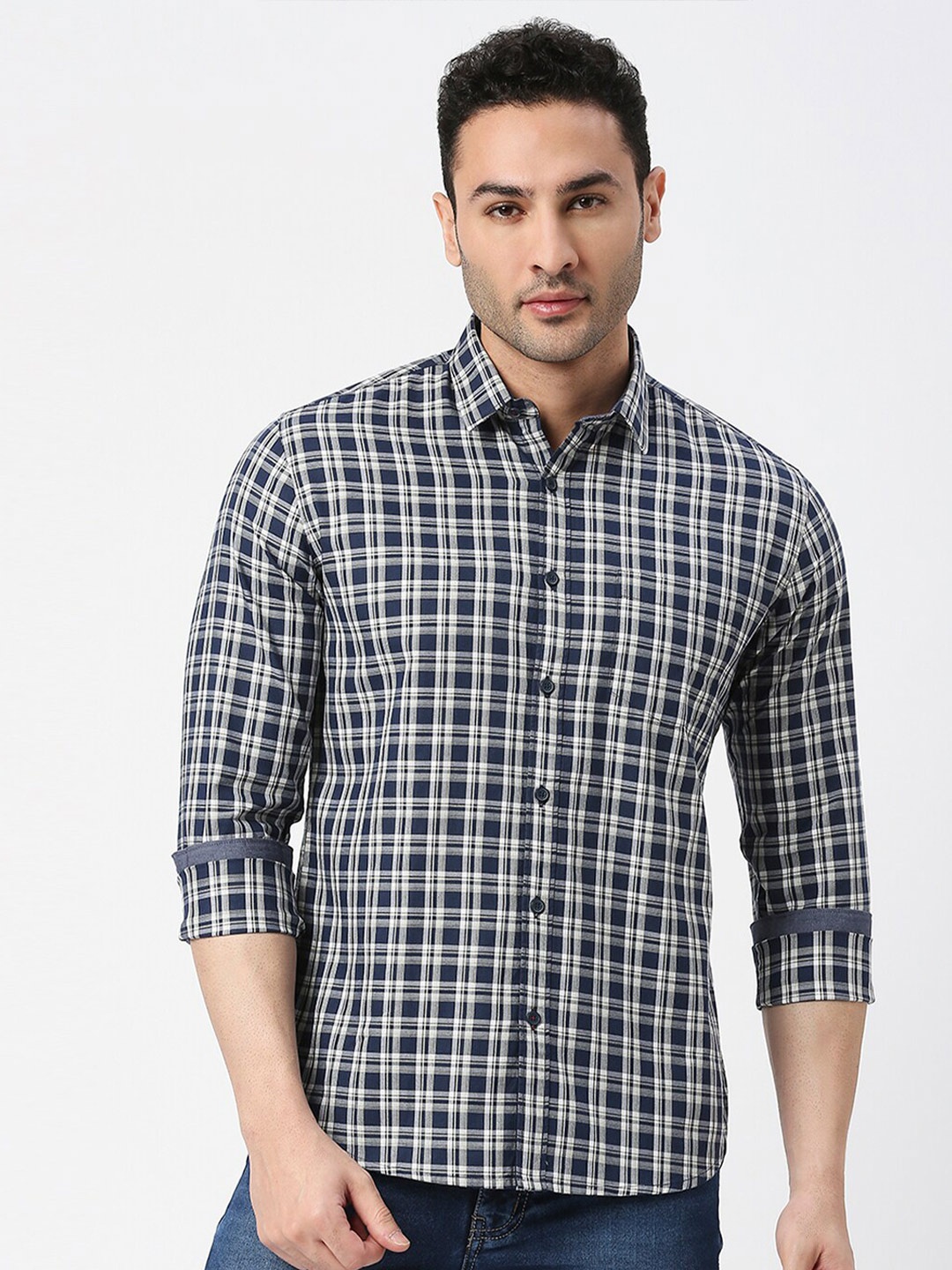

DRAGON HILL Slim Fit Tartan Checked Twill Casual Cotton Shirt, Navy blue