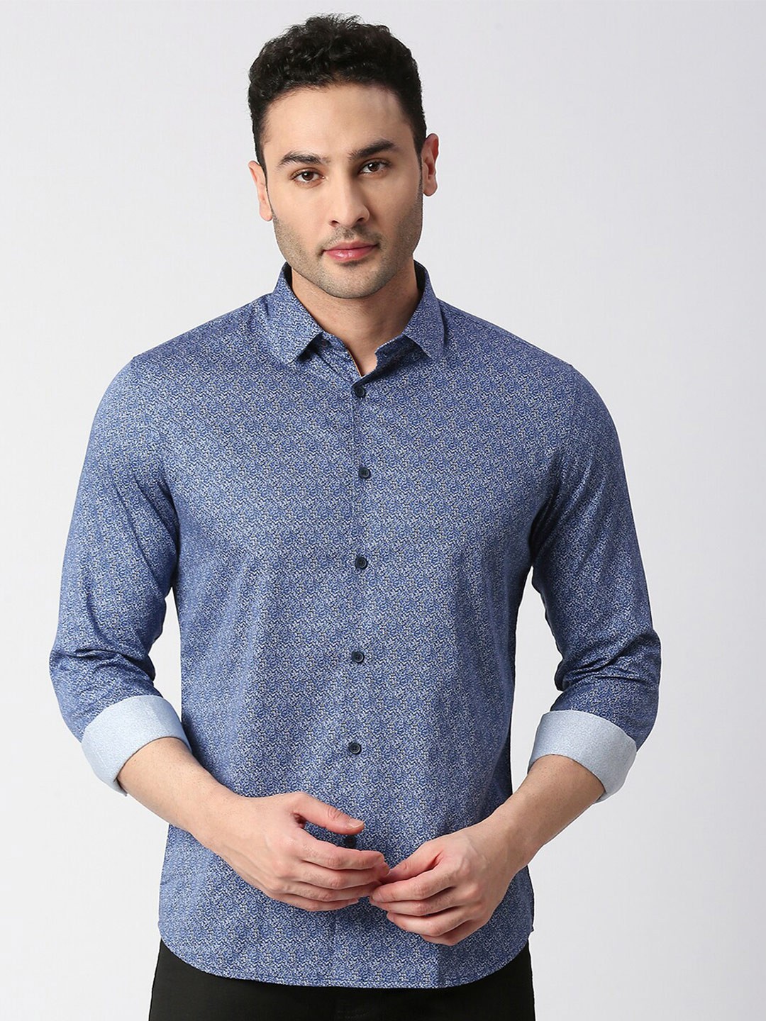 

DRAGON HILL Slim Fit Ethnic Motifs Printed Casual Cotton Shirt, Blue