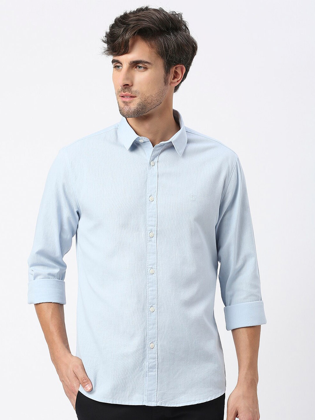 

DRAGON HILL Spread Collar Slim Fit Cotton Linen Casual Shirt, Blue