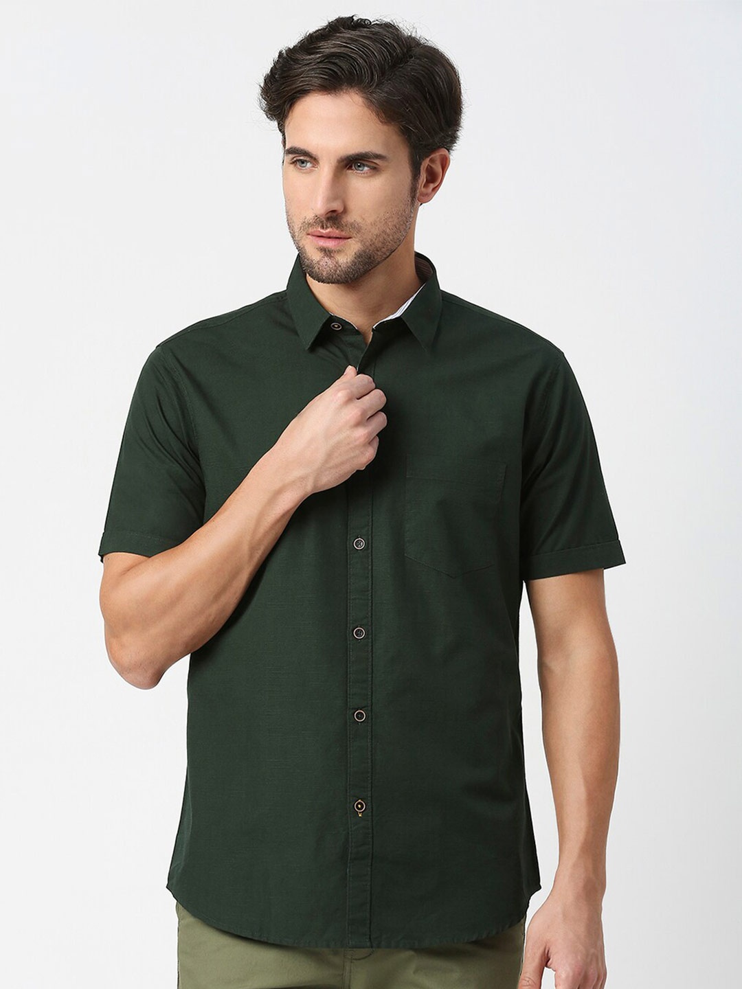 

DRAGON HILL Spread Collar Short Sleeve Slim Fit Cotton Casual Shirt, Green