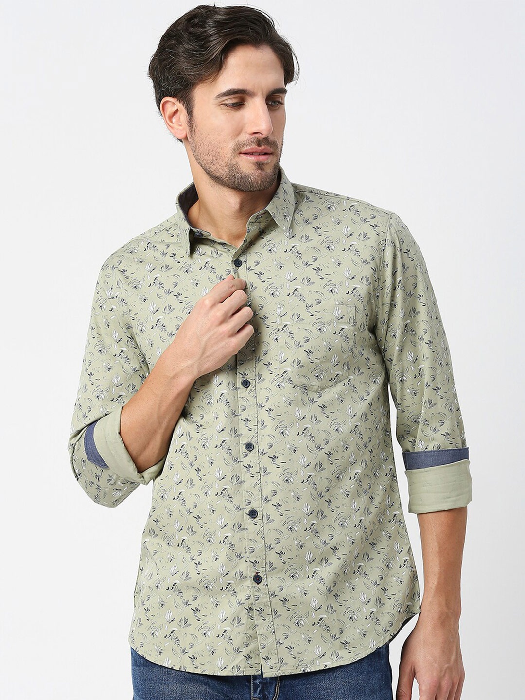 

DRAGON HILL Slim Fit Floral Printed Cotton Casual Shirt, Green