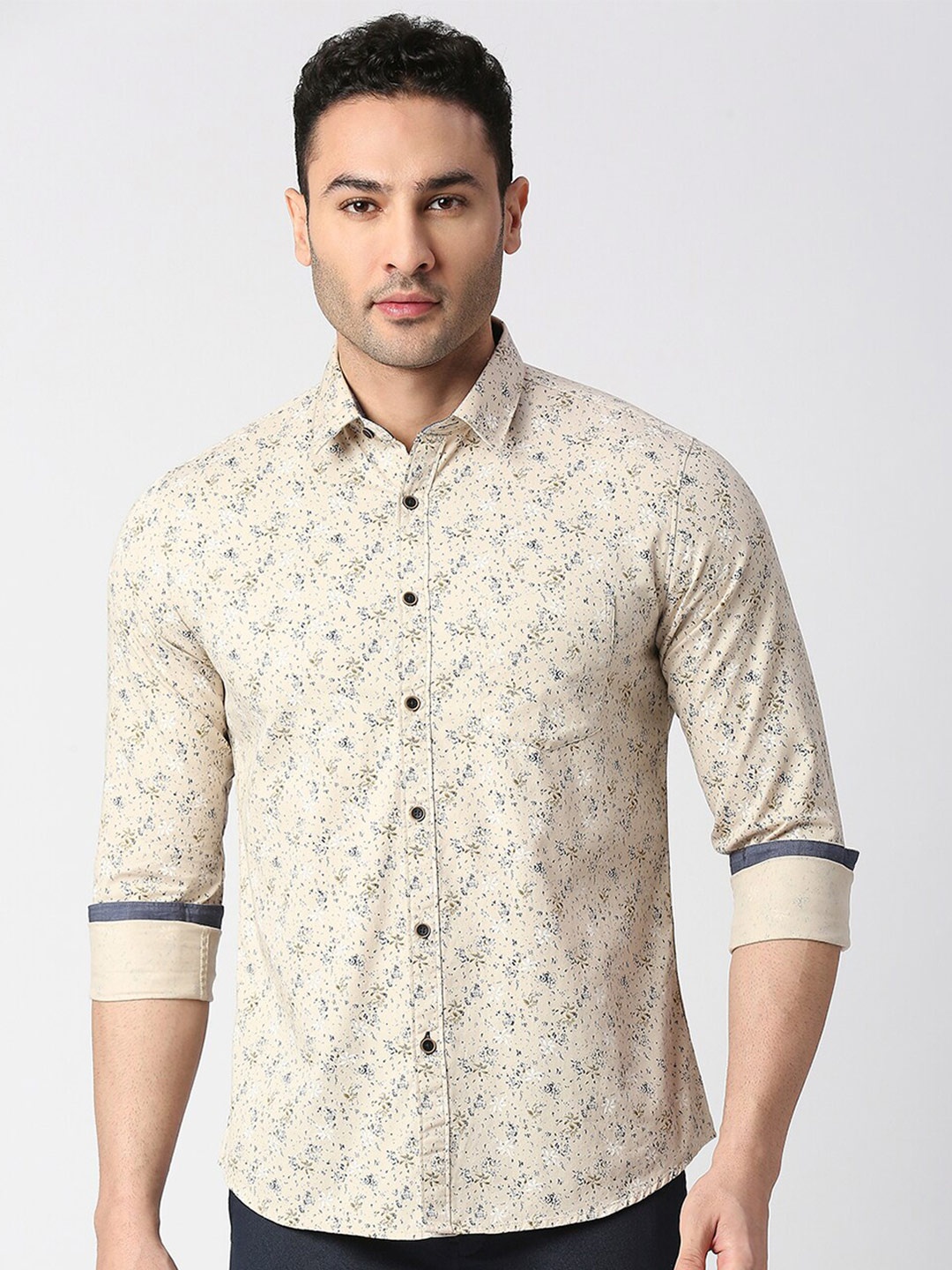 

DRAGON HILL Slim Fit Floral Printed Cotton Casual Shirt, Beige