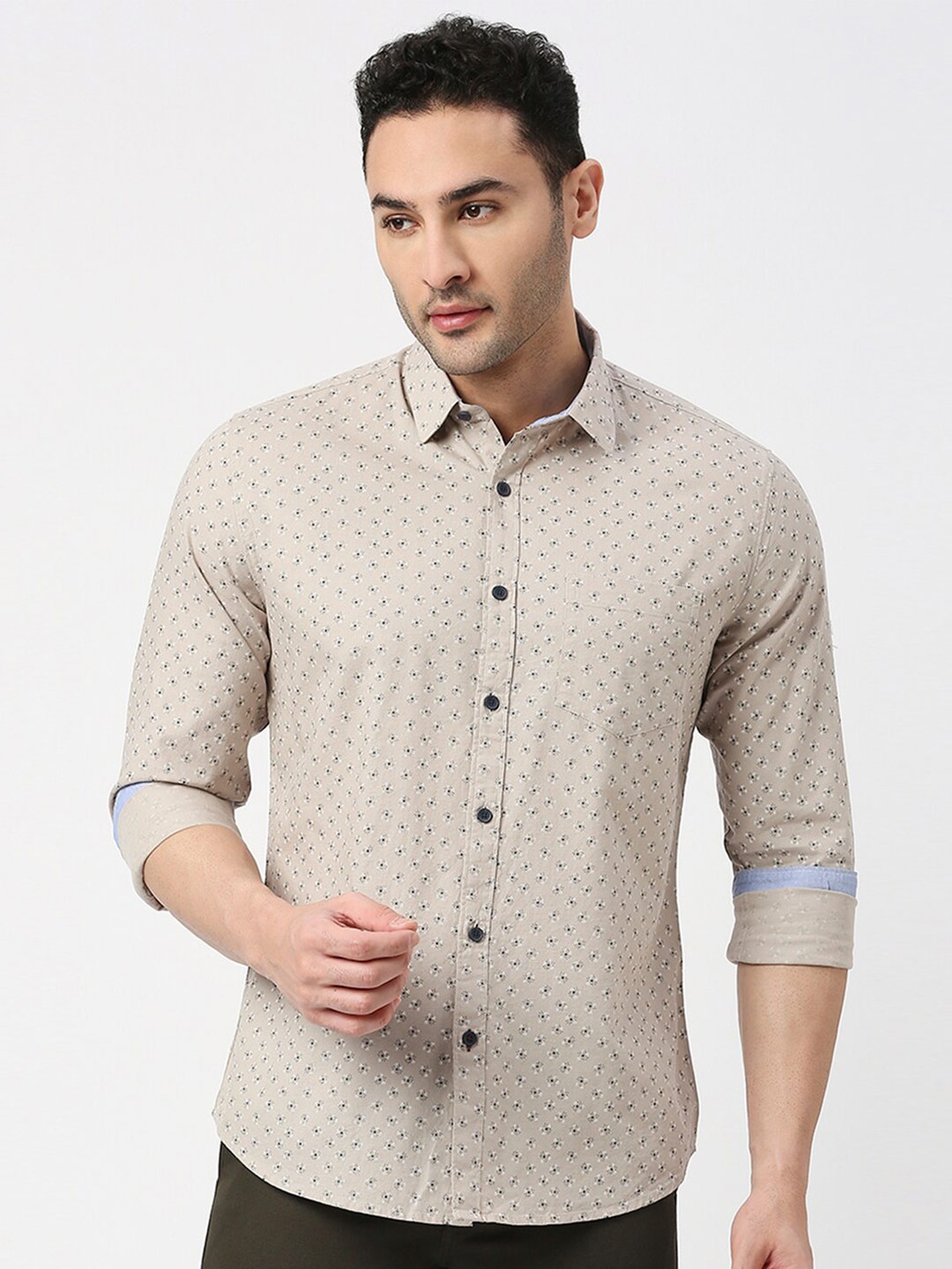 

DRAGON HILL Slim Fit Floral Printed Cotton Casual Shirt, Beige